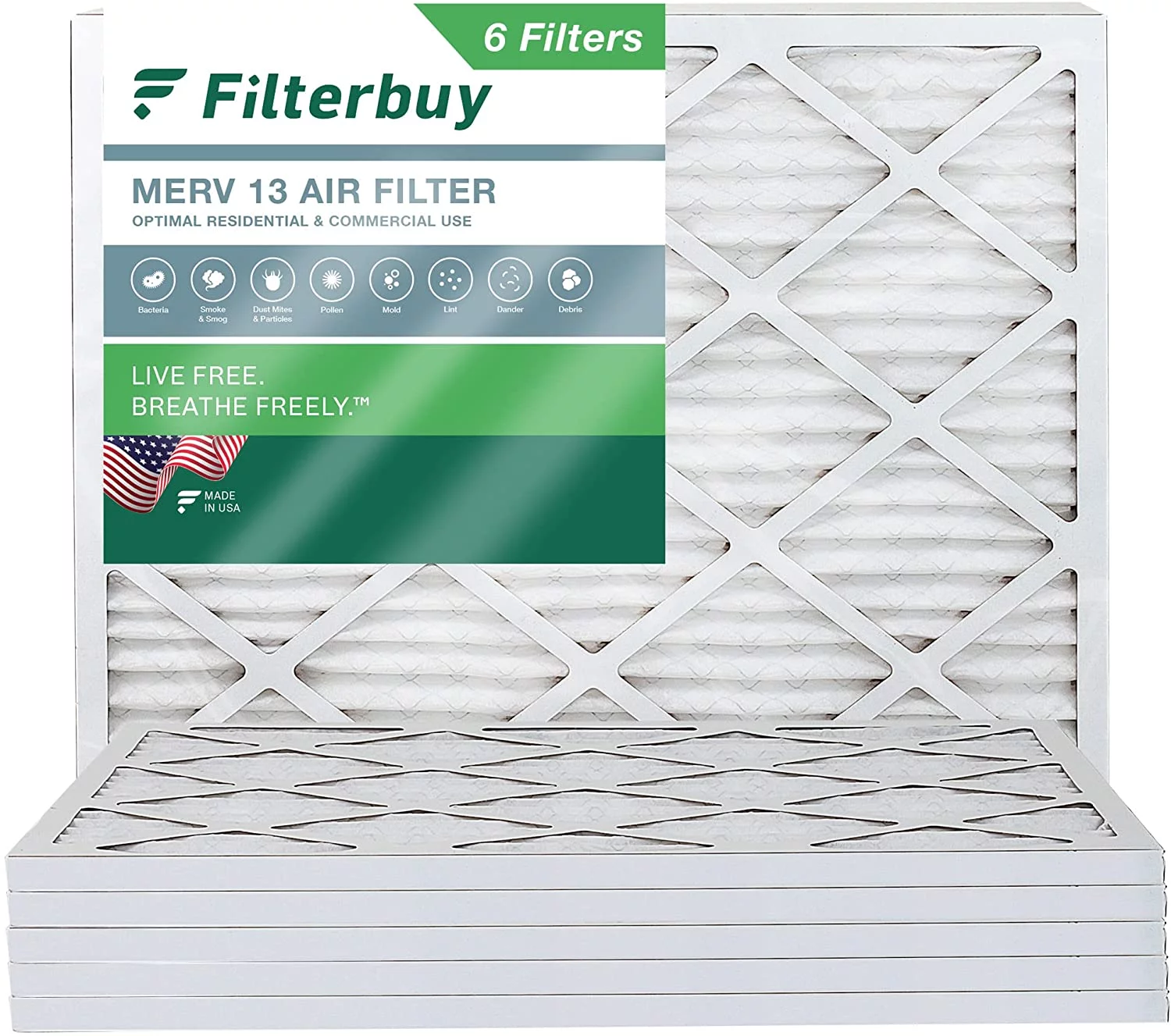 Filterbuy 19.5x21x1 MERV 13 Pleated HVAC AC Furnace Air Filters (6-Pack)