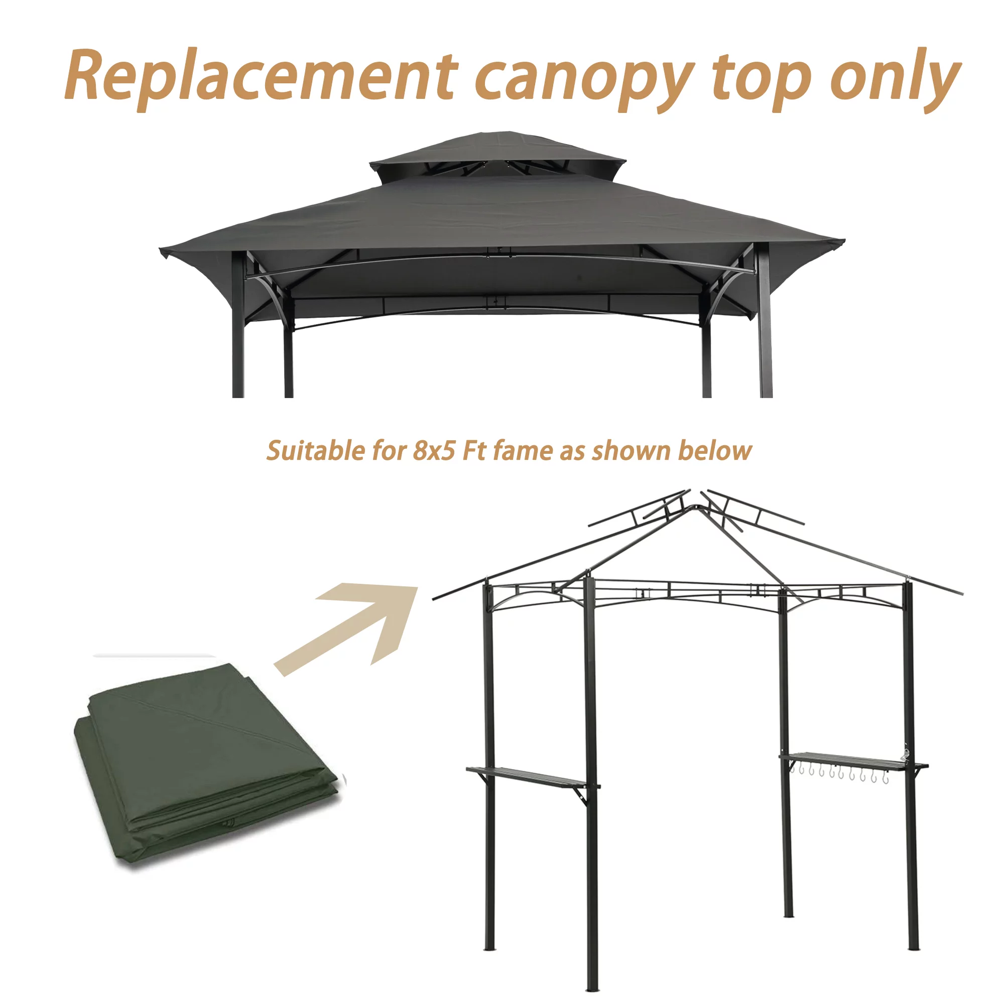 Dcenta 8x5Ft Grill Gazebo Replacement Canopy,Double Tiered BBQ Tent Roof Cover（Gray）