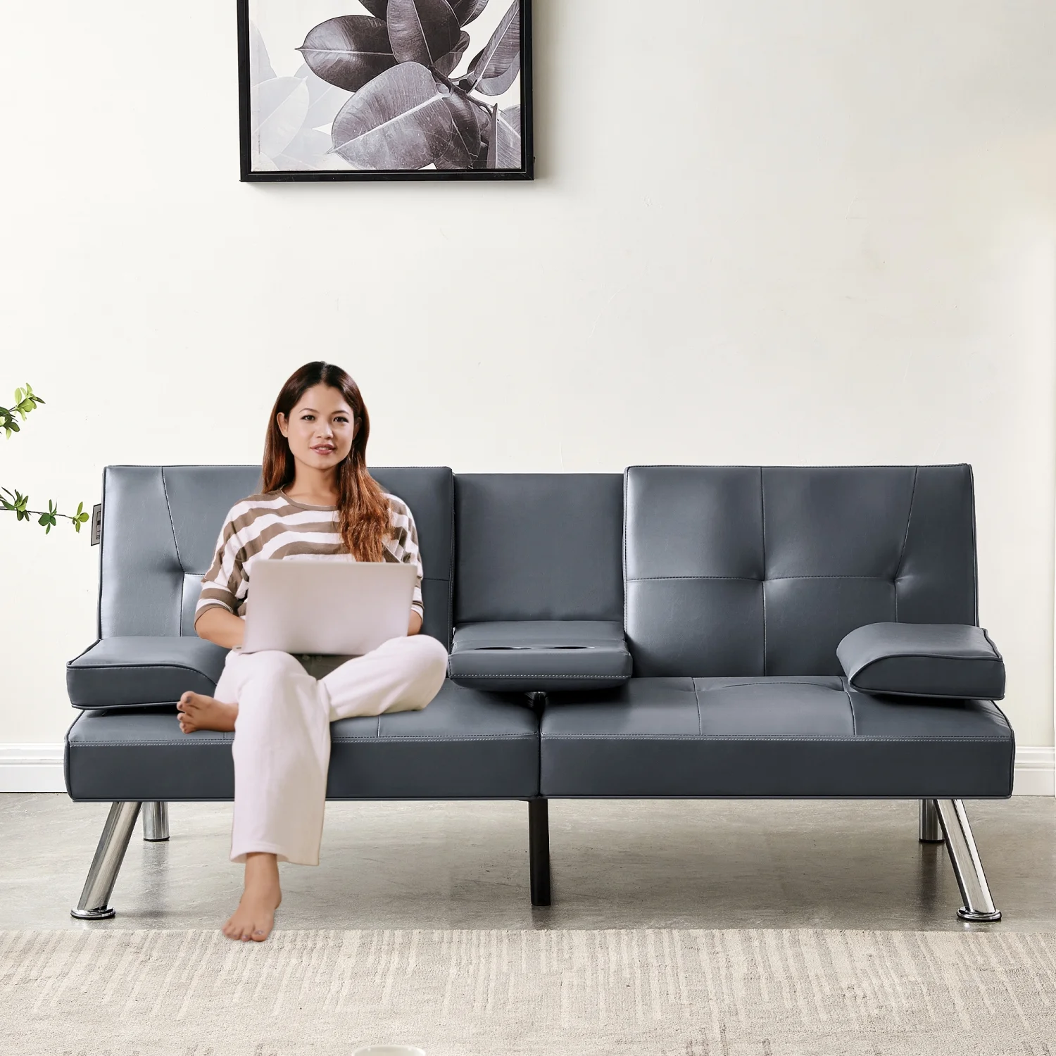 Convertible Sofa Bed Adjustable Couch Sleeper Modern Faux Leather Recliner Reversible Loveseat Folding Daybed Guest Bed  Removable Armrests  Cup Holders  3 Angles    Gray