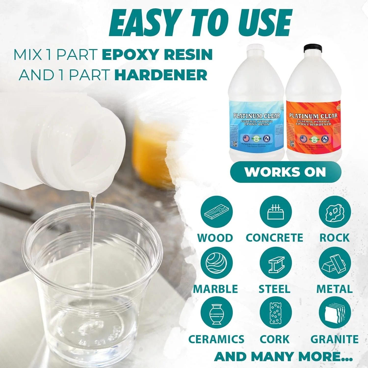 Clear, 2 Part Epoxy Resin Kit, for Tabletops, Composite, Construction, Arts & Crafts - 2 Gallon Kit