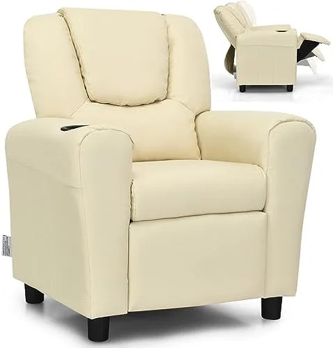 HOOMHIBIU Recliner Chair  Children PU Leather Lounge Chair with Adjustable Backrest  Footrest  Headrest & Cup Holder  Toddler Couch for Boys & Girls  Pink