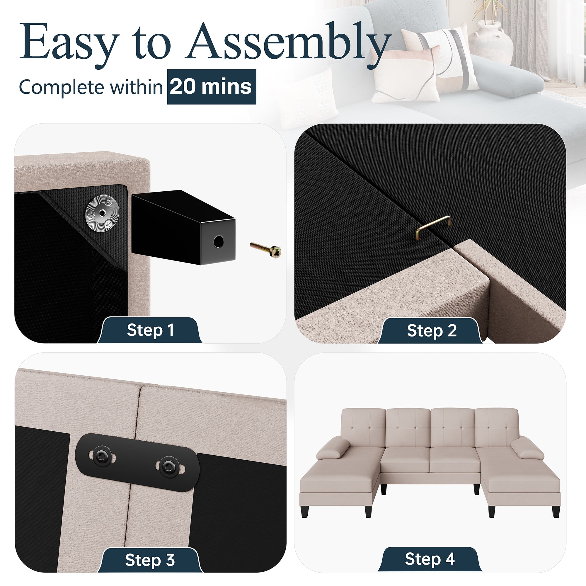 Walsunny Convertible Sectional Sofa Couch,4 Seat Sofa Set U-Shaped Couch with Double Wide Chaise Lounge, 106in Modern Fabric Large Couch