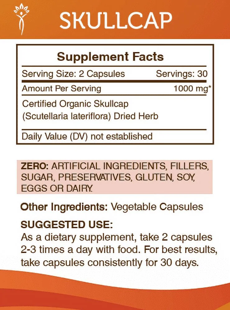 Secrets of the Tribe Skullcap 60 Capsules, Organic Scutellaria lateriflora Useful for Weight loss 500 mg