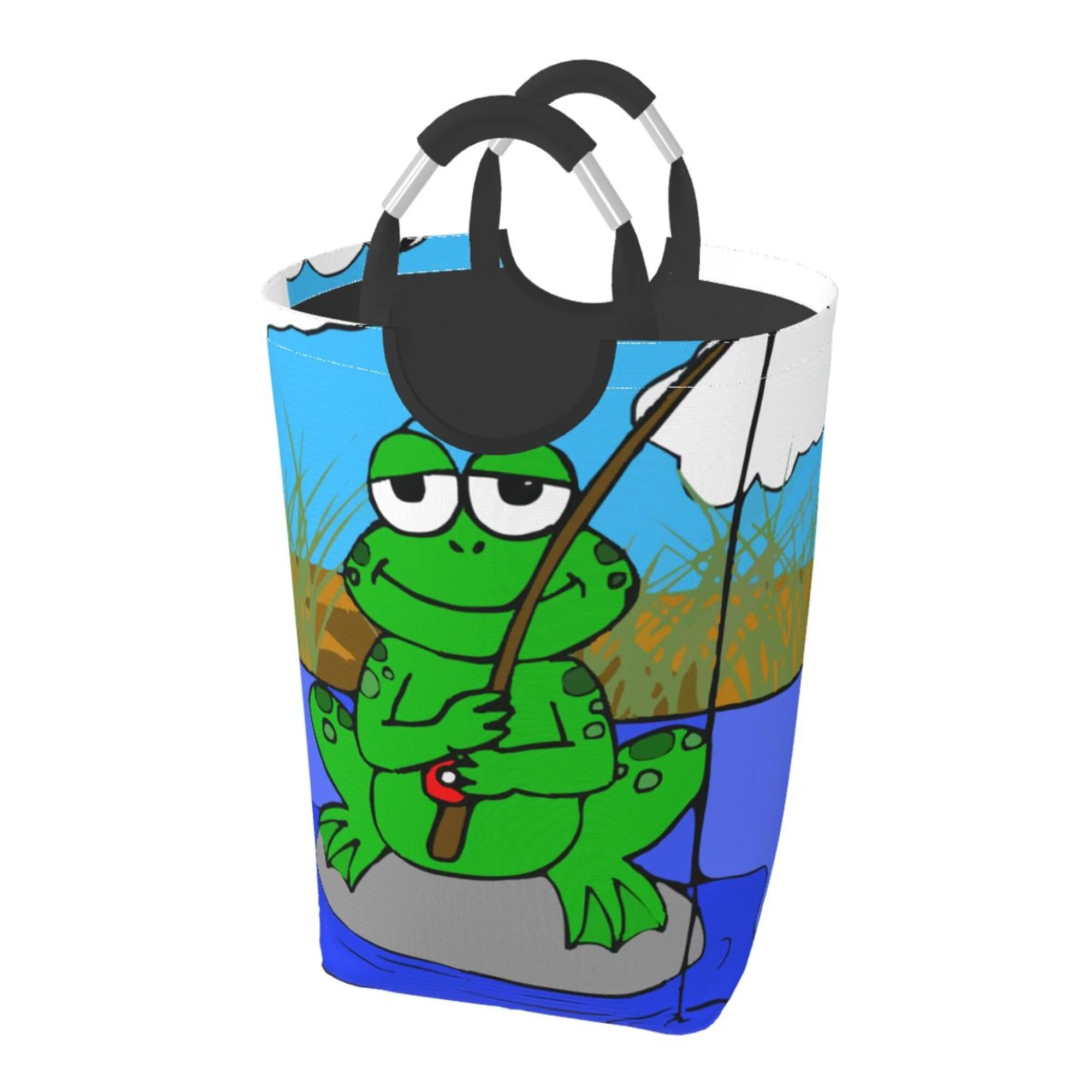 TEQUAN 50L Large Rectangular Laundry Hamper with Aluminum Handles, Cartoon Fishing Frog Prints Waterproof Foldable Dirty Clothes Basket