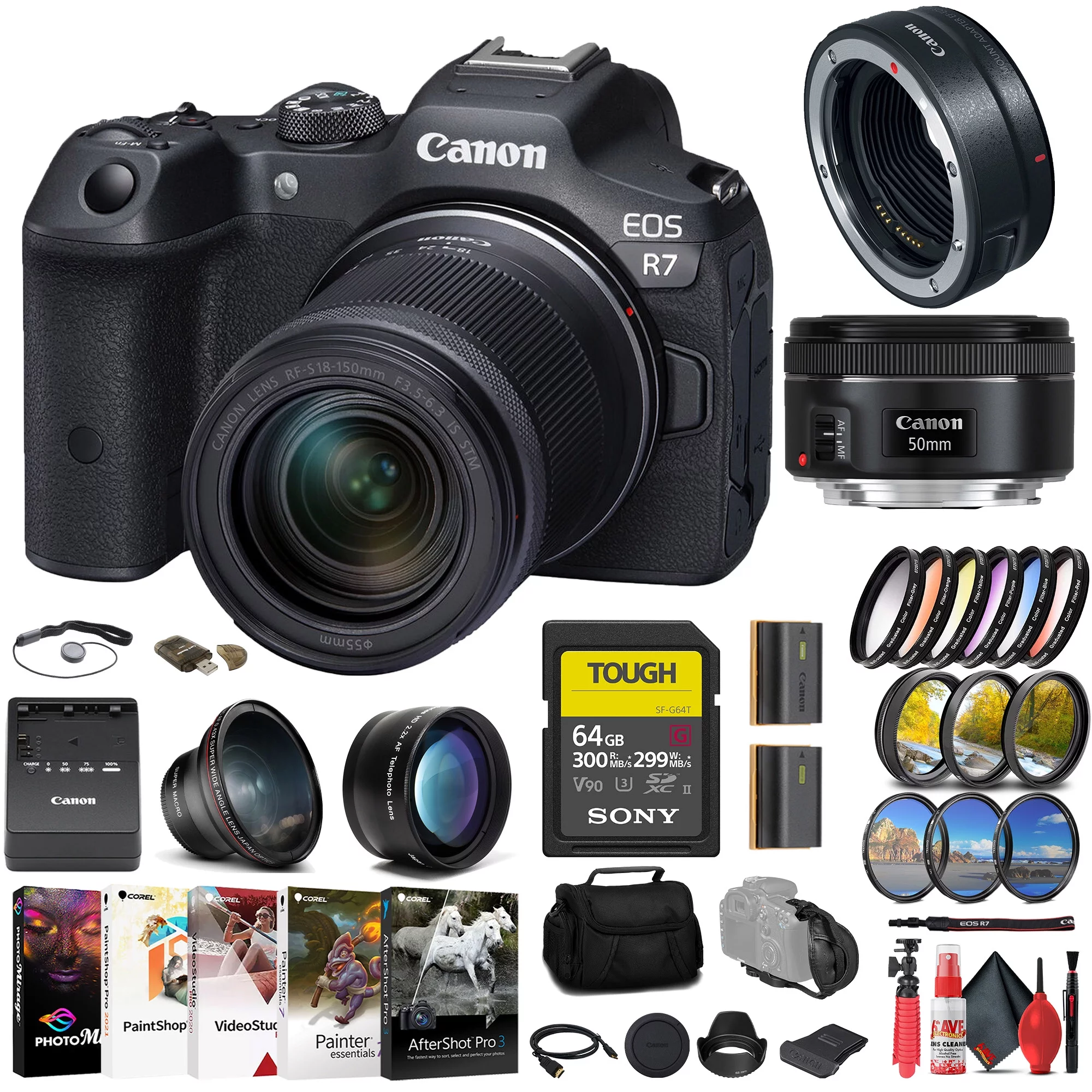 Canon EOS R7 Mirrorless Camera with 18-150mm Lens (5137C009) + Canon EF 50mm Lens (0570C002) + Canon Mount Adapter + Sony 64GB TOUGH SD Card + Filter Kit + Wide Angle Lens + Telephoto Lens + More
