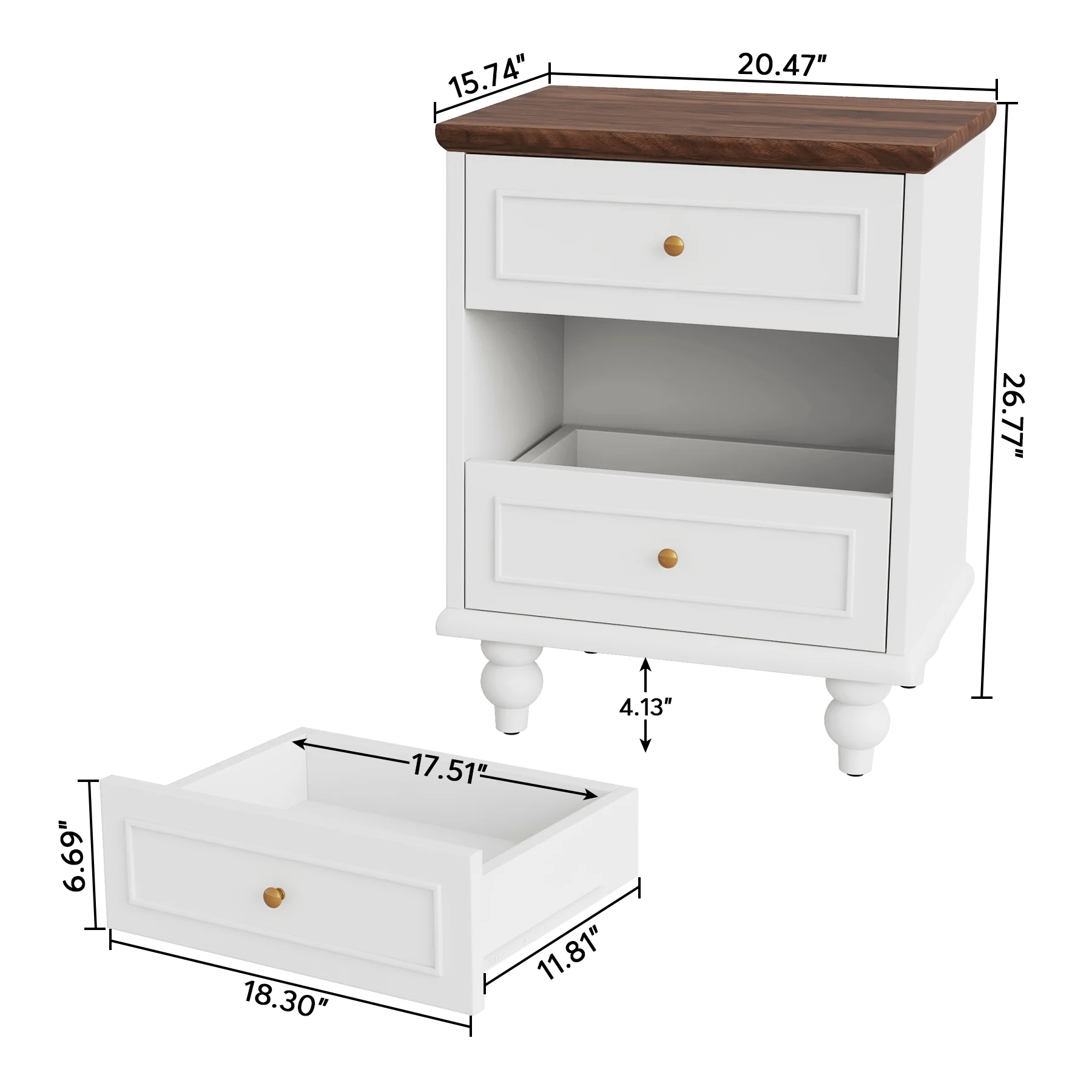 3-Drawer White Nightstand Bedside Table with Solid Wood Legs