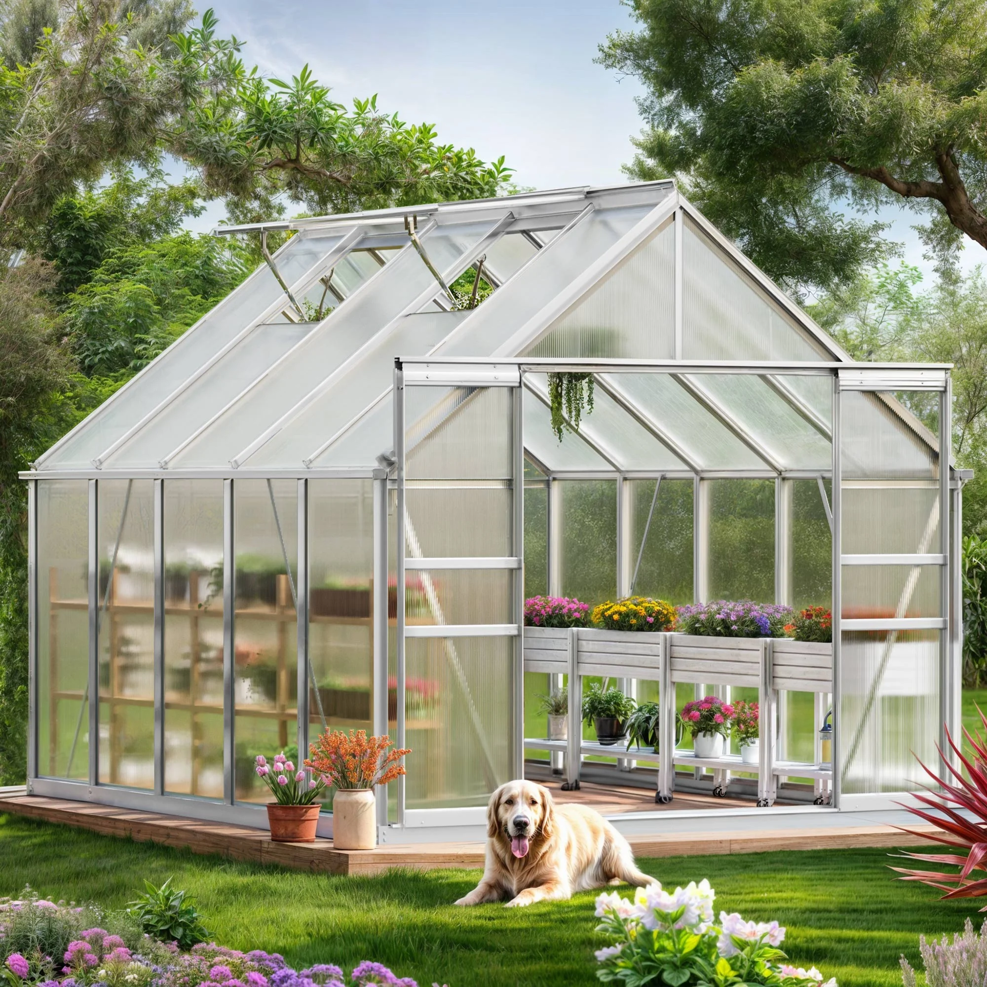 ModFusion-Matte Silver 10x8FT Large Polycarbonate Greenhouse: Heavy-Duty, UV-Protected, Aluminum Frame, Sliding Doors, Vent Windows,for Outdoor Garden