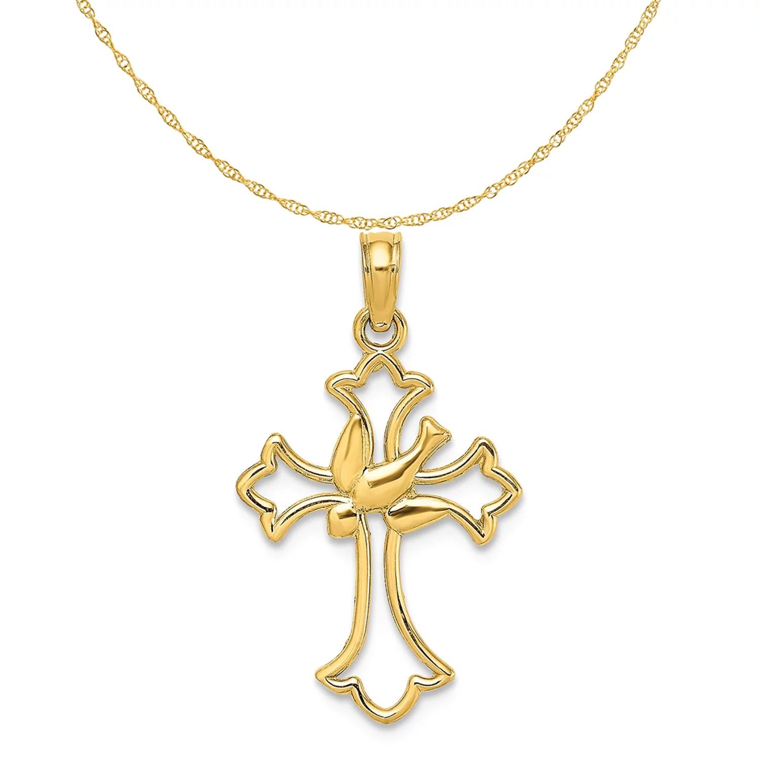 Carat in Karats 14K Yellow Gold Cut-Out Dove Center Cross Pendant Charm (24.4mm x 13mm) With 14K Yellow Gold Lightweight Rope Chain Necklace 20''