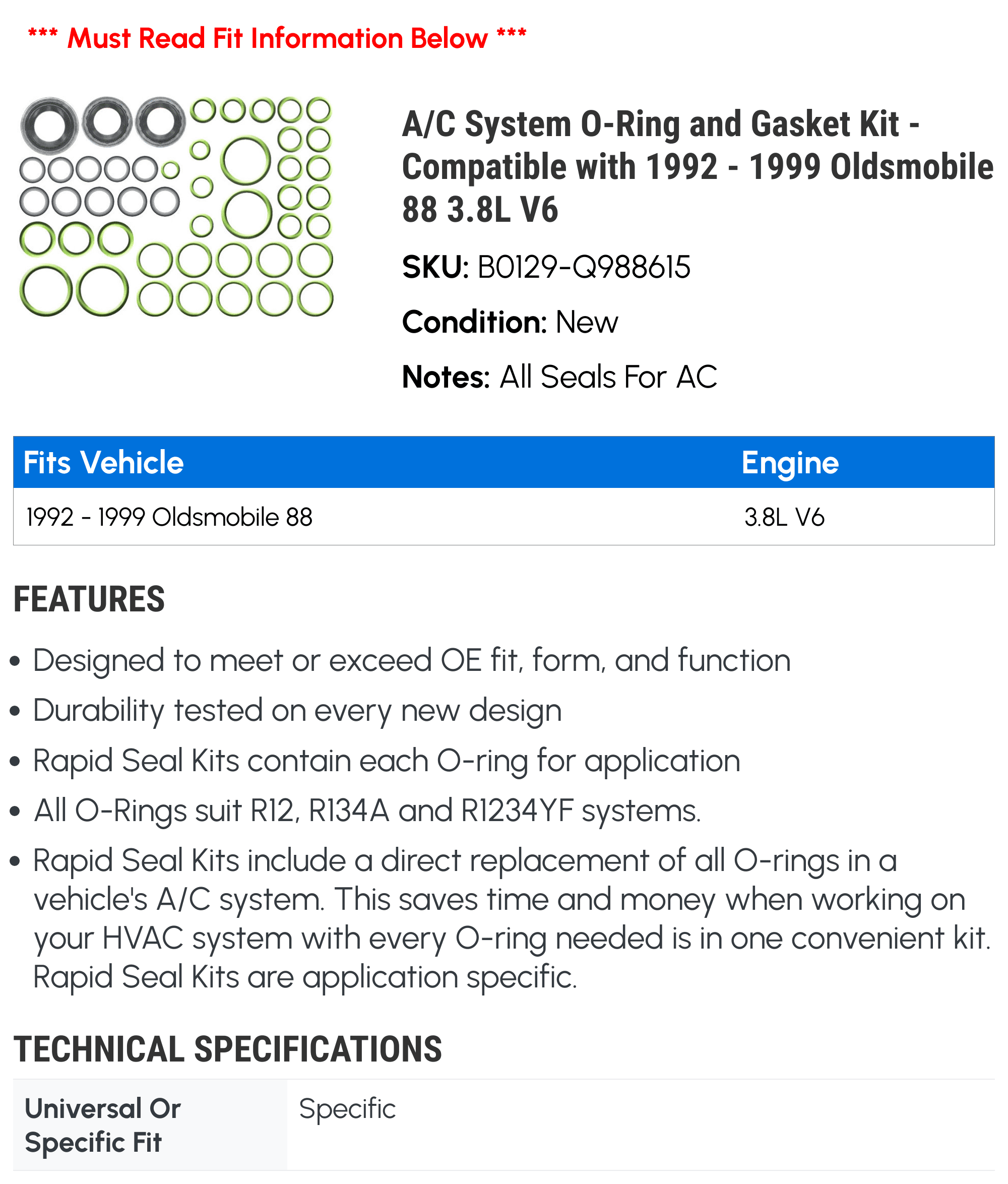A/C System O-Ring and Gasket Kit - Compatible with 1992 - 1999 Oldsmobile 88 3.8L V6 1993 1994 1995 1996 1997 1998