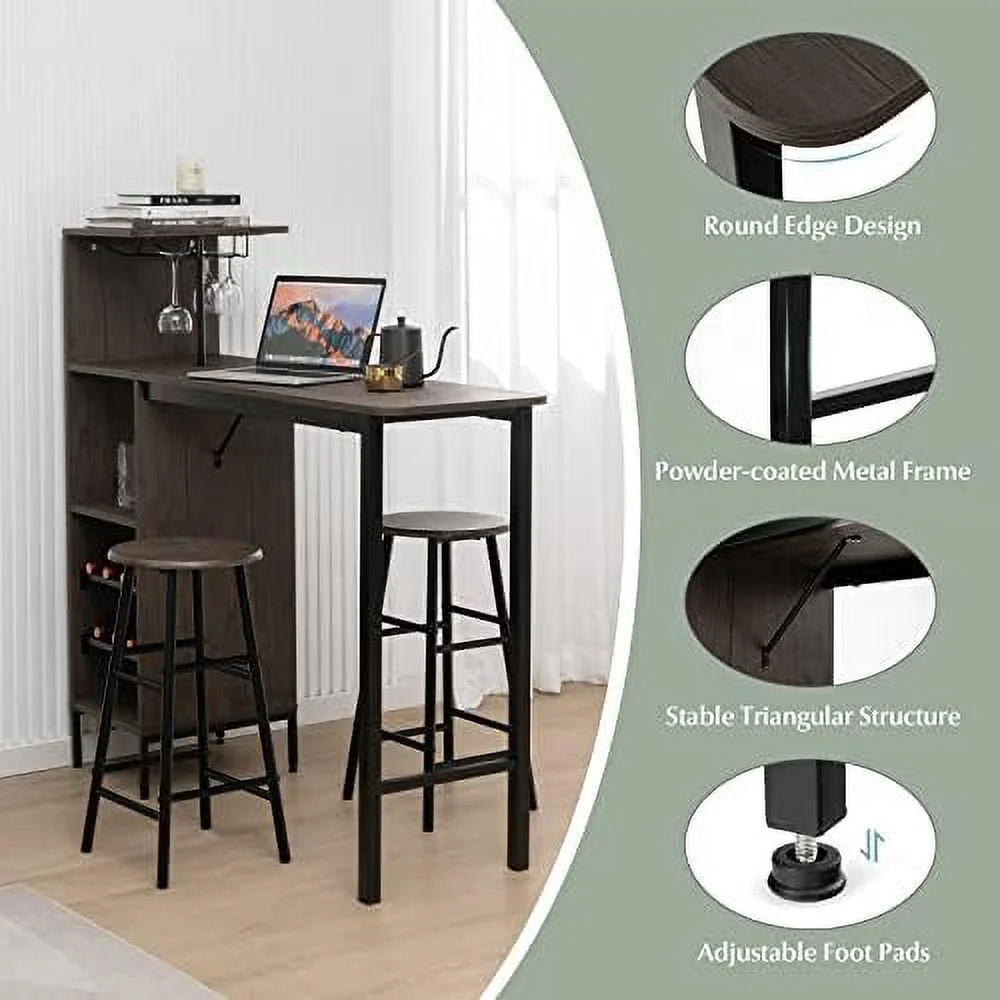 TJUNBOLIFE 3 Pieces  Table and Stools Set  Bistro Table Set with Glass Holder  2 Tier Wine Rack &  Shelves  Kitchen Counter Table with 2 Stools for Home  Dining Room  Restaurant  Pub
