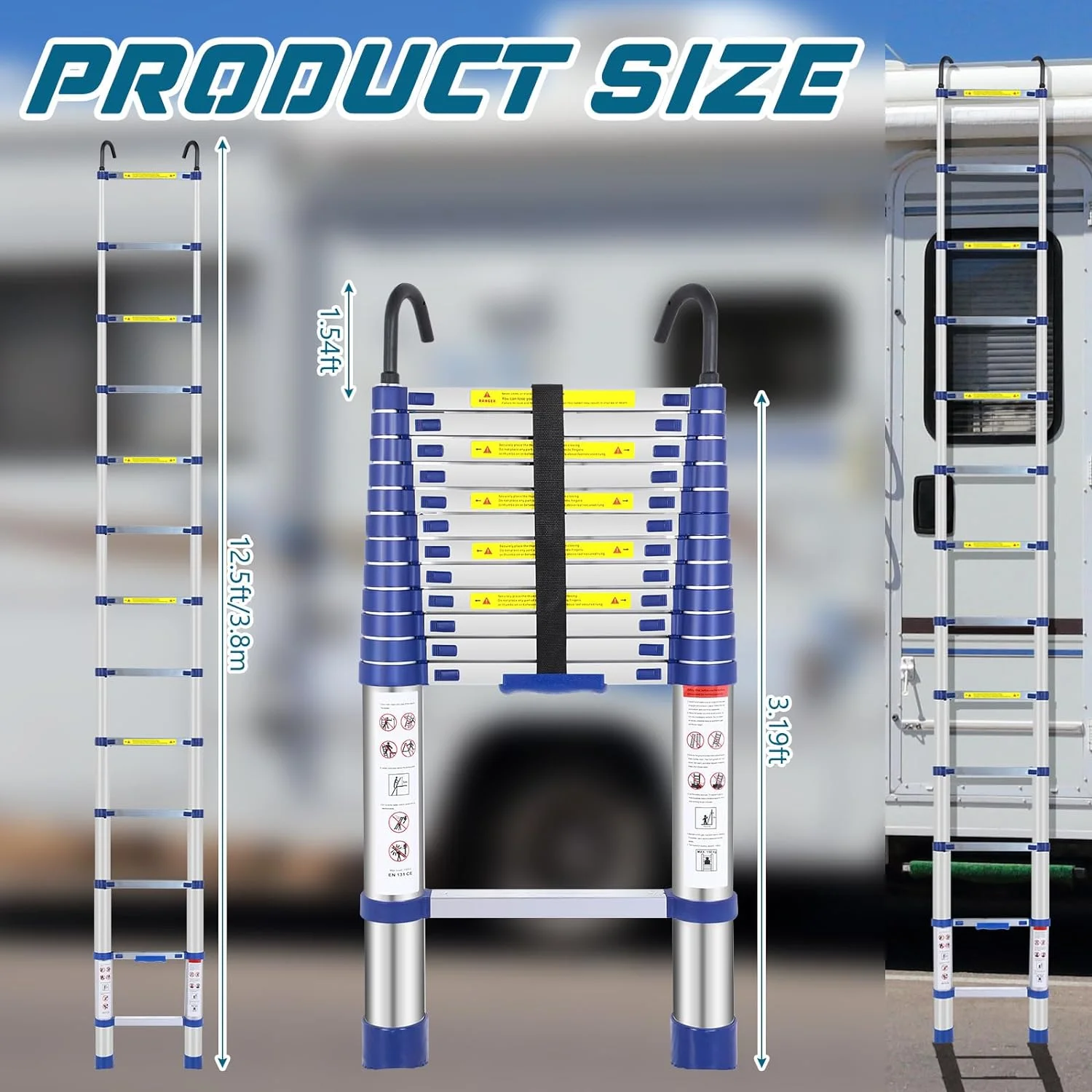12.5FT Telescoping Ladder Aluminum Lightweight Extension Folding Ladder with Hook Multi-Purpose Collapsible Ladder, 330lbs Load Capacity, for Home, Office, RV, and Outdoor Work (Blue)