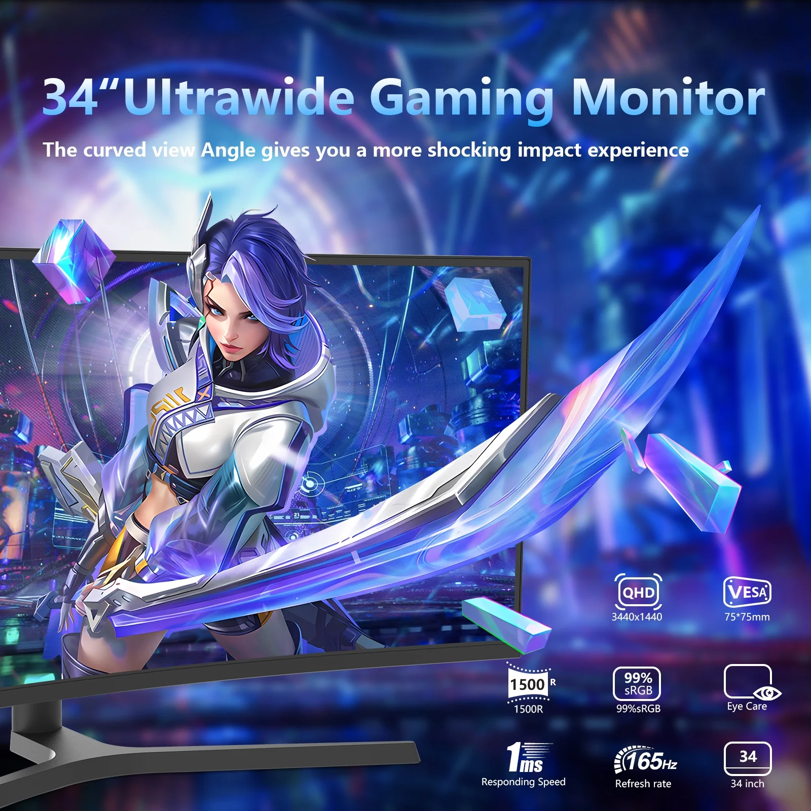 Sealan 34 inch Curved Ultrawide Gaming Monitor 165Hz UWQHD 3440x1440 FreeSync HDMI DisplayPort 1500R PC Screen - Ideal for Gaming