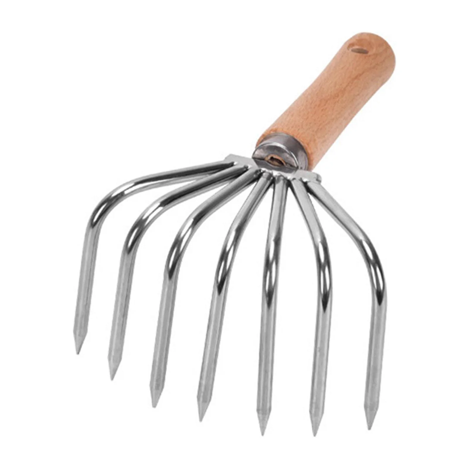 Hand Rake Leaf Rake Stainless Steel Cultivating Weeding Wooden Handle Claw Clamming Rake Lightweight Gardening Tool Soil Tiller for Home Planting Short Handle 7