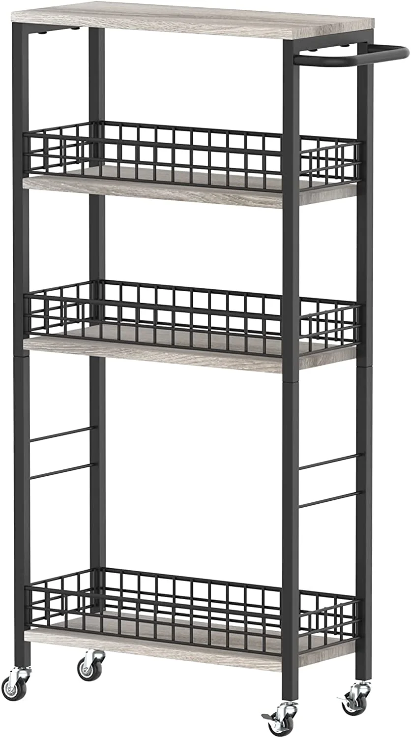 4 Tier Slim Storage Cart Narrow Laundry Cart on Wheels Utility Kitchen Rolling Cart with Wood Tabletop Mobile Shelving Unit Bathroom Storage Organizer Slide Out Rolling Tower for Narrow Spaces