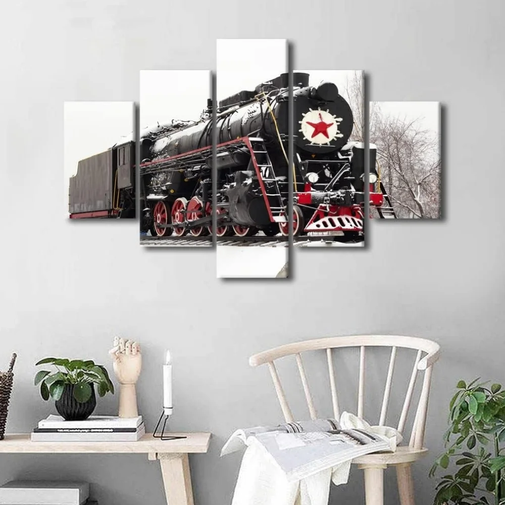 TISHIRON 5PCS Framed Steam TrainTheme Canvas Wall Art Set,60
