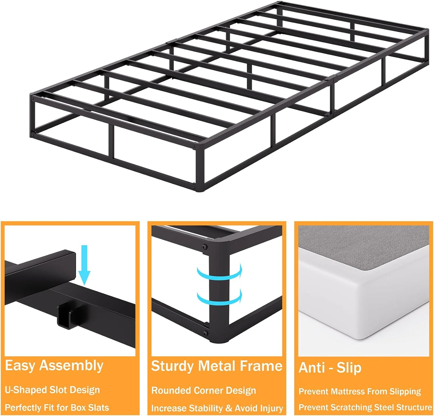 HYUN Twin Box Spring，5 Inch Low Profile Metal Boxspring with Non-Slip Fabric Bed Cover, Sturdy Heavy Duty Steel Structure Bed Base, Noise-Free Mattress Foundation, Easy Assembly，Black