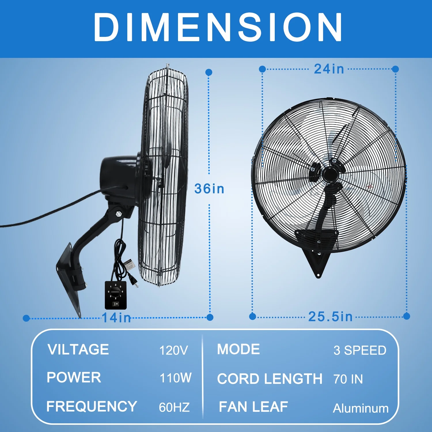 24” Wall Mount Fan 8000 CFM High Velocity Industrial Heavy Duty Fan with 3-Speed Oscillating Commercial Use for Warehouse, Garage, Factory, Black