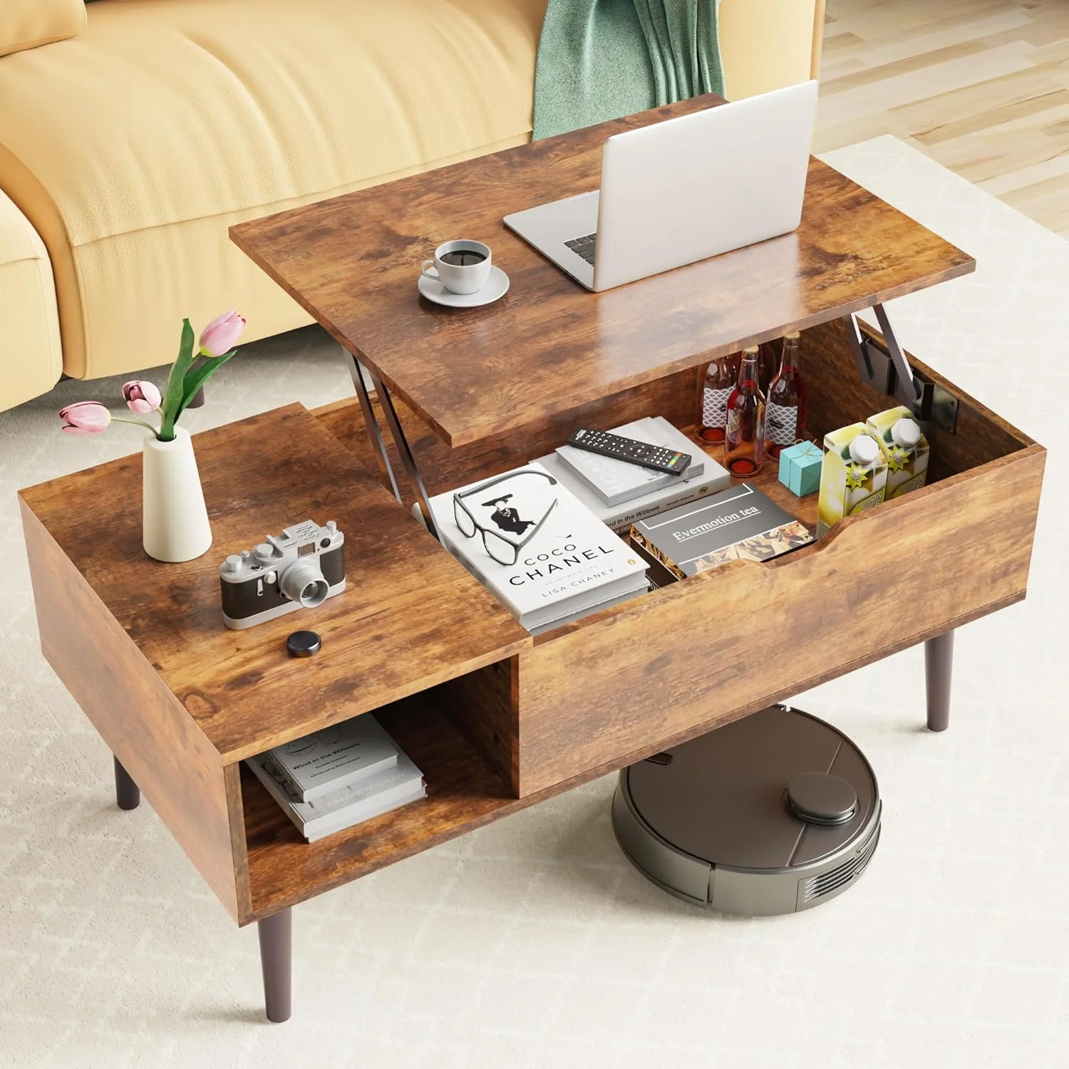 DUMOS Lift Top Coffee Tables for Living Room Apartment, Rising Tabletop Wooden Coffee Table Desk with Storage Shelf and Hidden Compartment, Rustic Brown