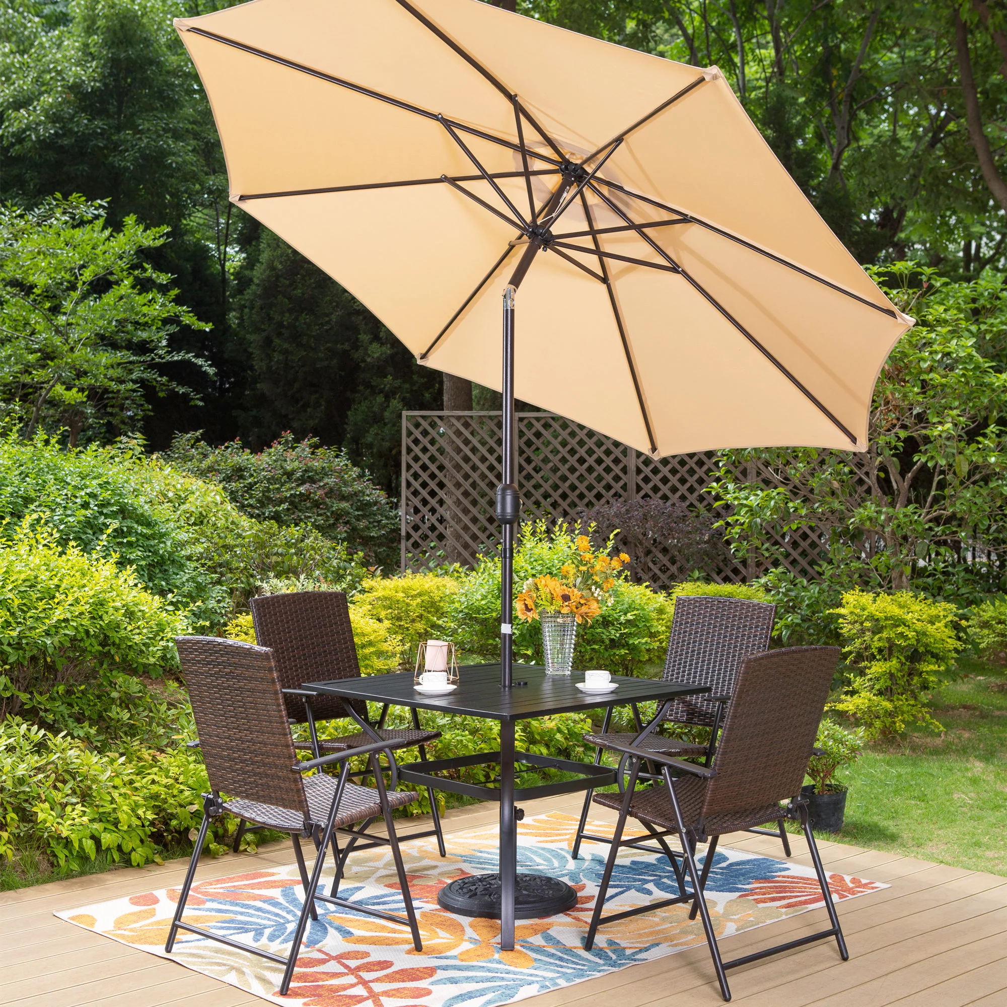 MF Studio 6 Piece Outdoor Dining Set with 4 Rattan Chairs, 1 Metal Dining Table and Beige Umbrella