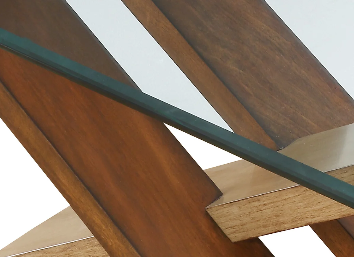 Homiyad Modern Cross Tie End Table - Beveled Glass Top, Contrasting Natural and Cherry Finish - Unique Accent Piece, Stylish Home Brightener