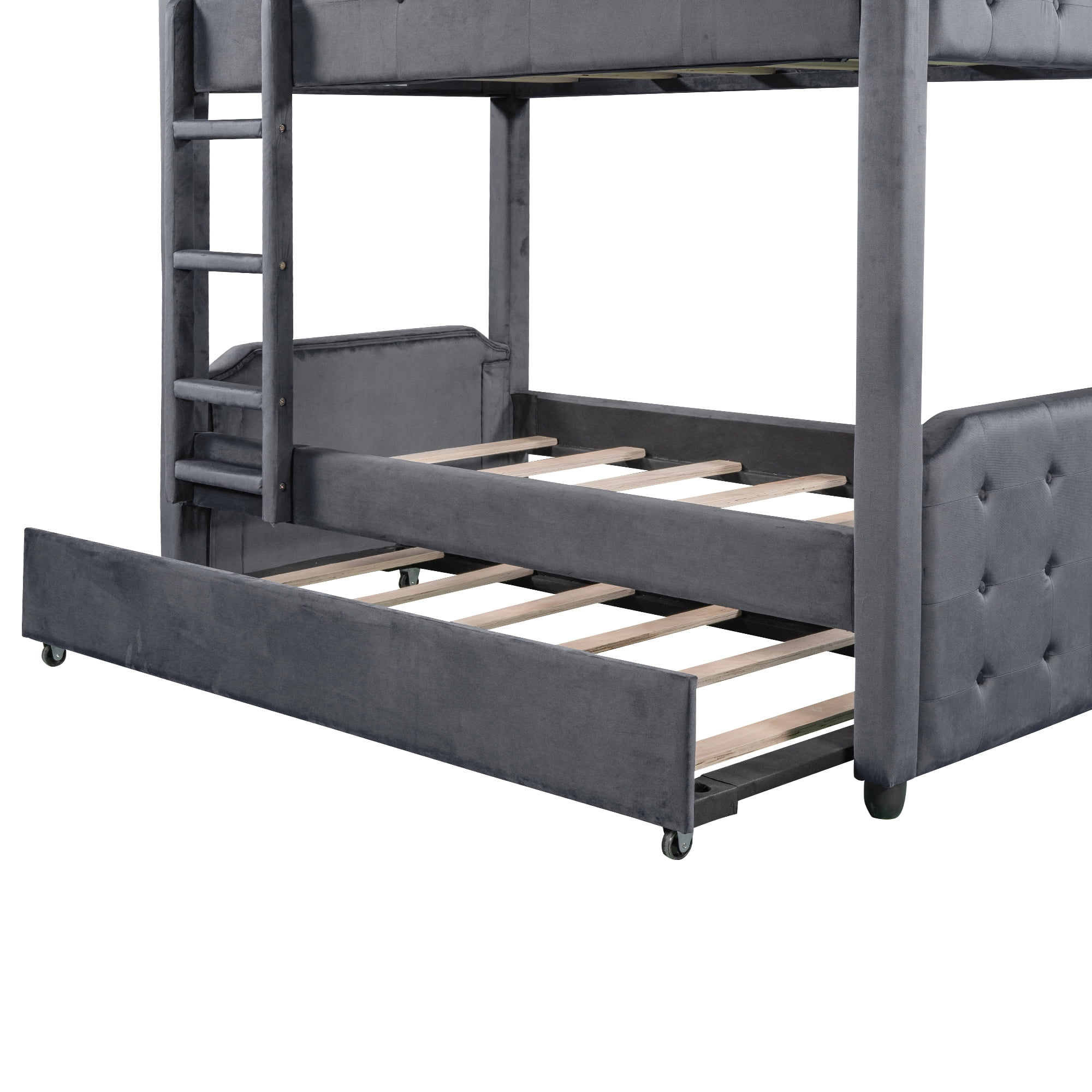 EUROCO Twin over Twin Upholstered Bunk Bed with Trundle, Gray