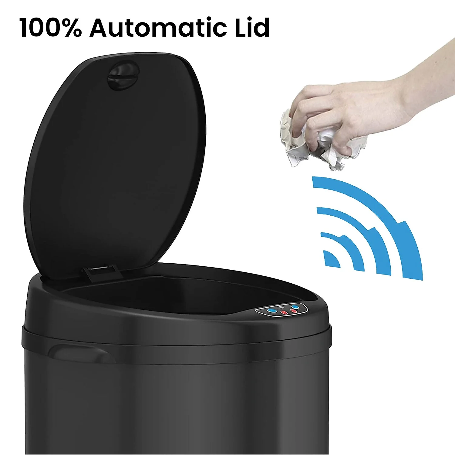 iTouchless Stainless Steel Round Sensor Trash Can with AbsorbX Odor Control System, 8 Gallon, Black