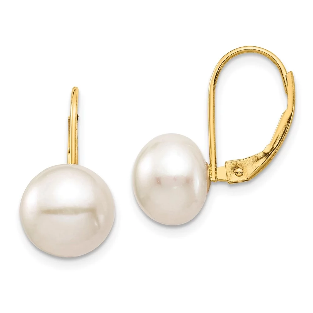 Auriga 14k Yellow Gold 9-10mm White Button FWC Pearl Leverback Dangle Earrings for Women