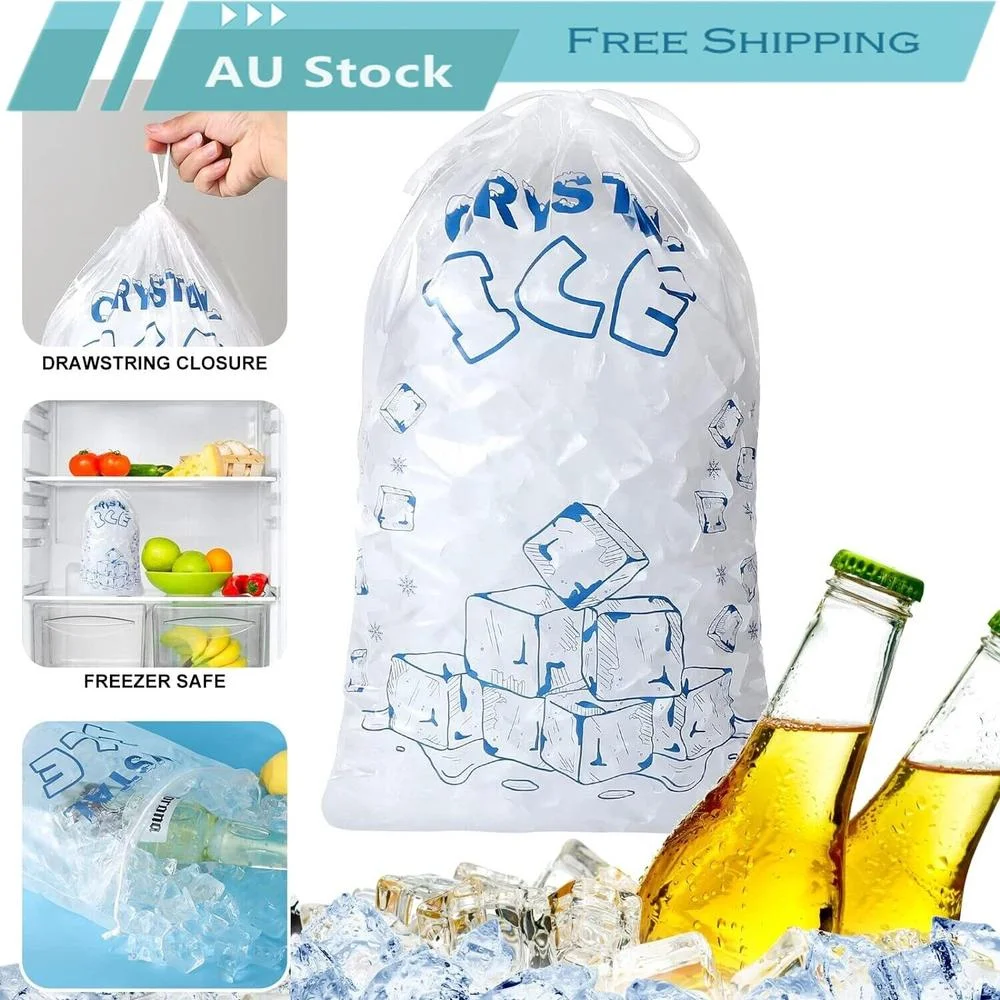 IKOMMI 100PCS Drawstring Ice Bag Clear Plastic Party Bags 8 lb Reusable AU
