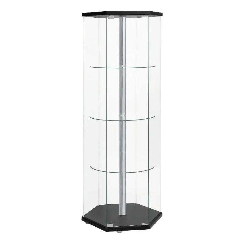 Pemberly Row Hexagonal Contemporary Glass Curio Cabinet in Black
