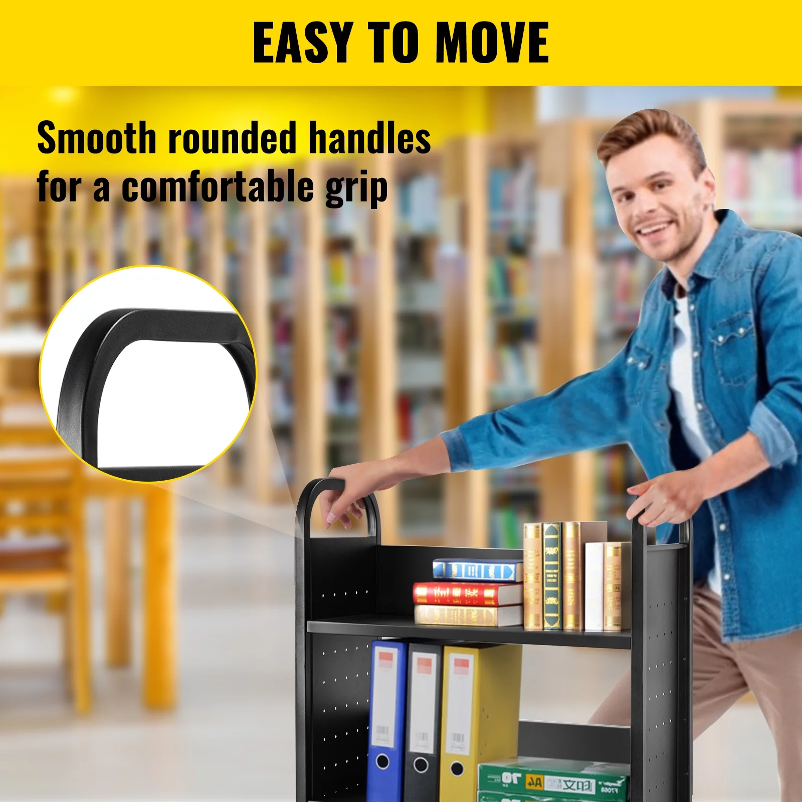 BENTISM Book Cart,Single Sided L-Shaped 200lbs Rolling Library Cart in Black