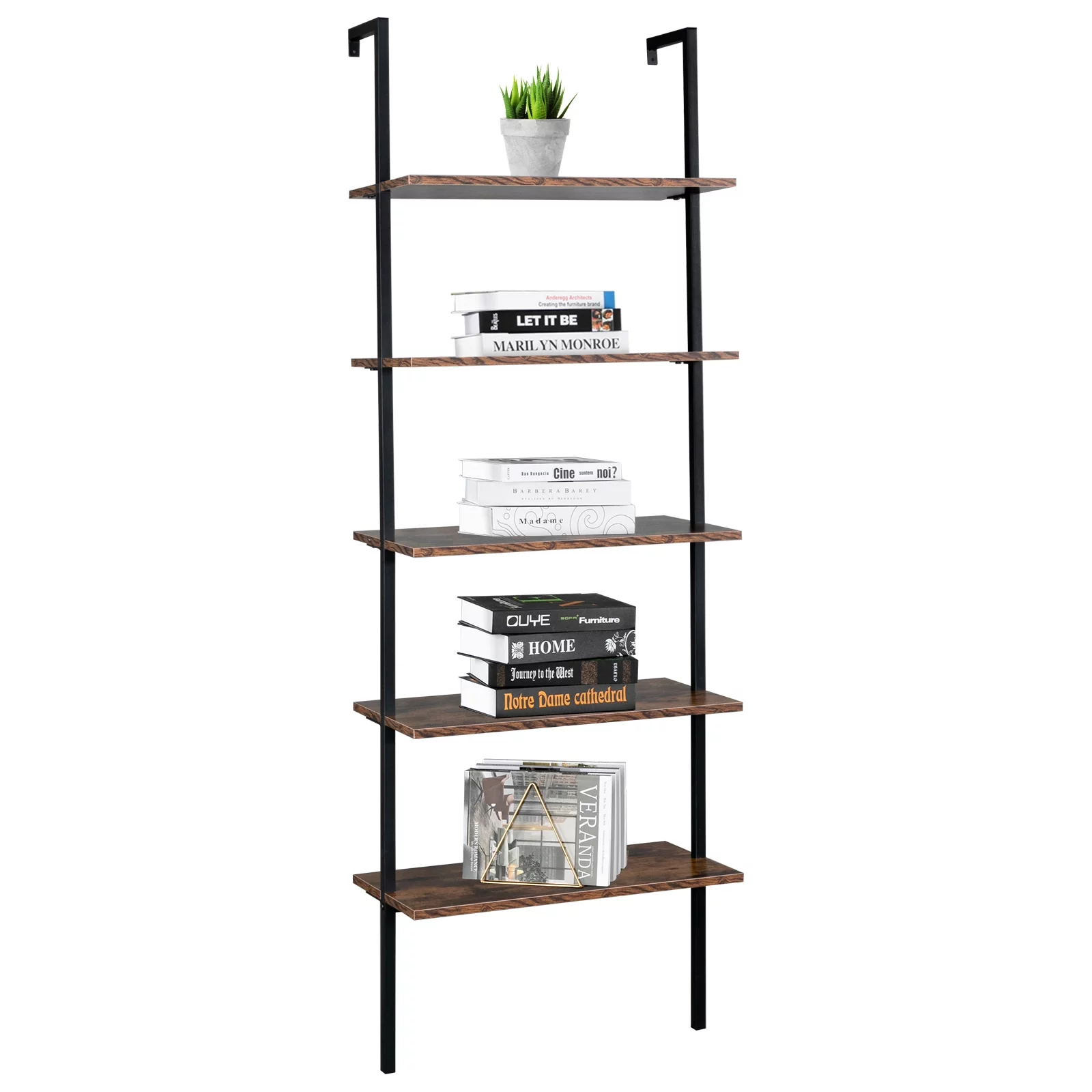 DFITO Industrial Wall Mounted Bookcase 5-Tier Open Ladder Shelf Bookshelf with Metal Frame, 23.6
