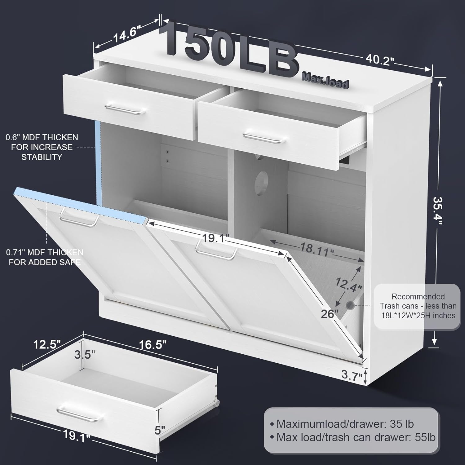 YiSHOP Tilt Out Trash Can Cabinet, Deodorizing Hidden Wooden Trash Bin Cabinet with Drawers, Easy Assemble Double Garbage Can Cabinet for Kitchen, Sturdy 2 * 10 Gallon Laundry Hamper Cabinet
