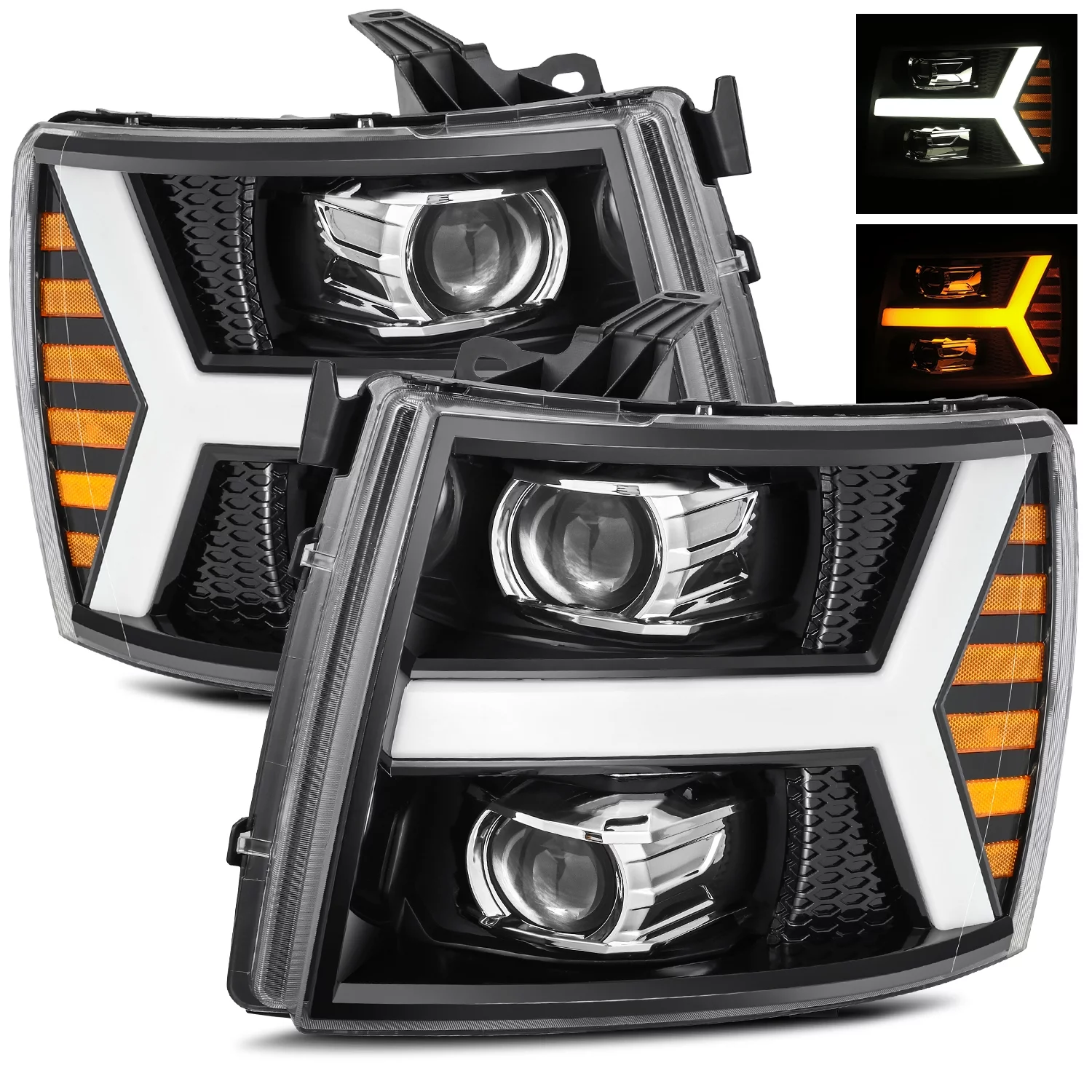 AlphaRex Base Model Jet Black Fit 07-13 Chevy Silverado 1500/07-14 Silverado 2500HD/3500HD Switchback DRL/Signal LED Tube Dual Projector Headlights