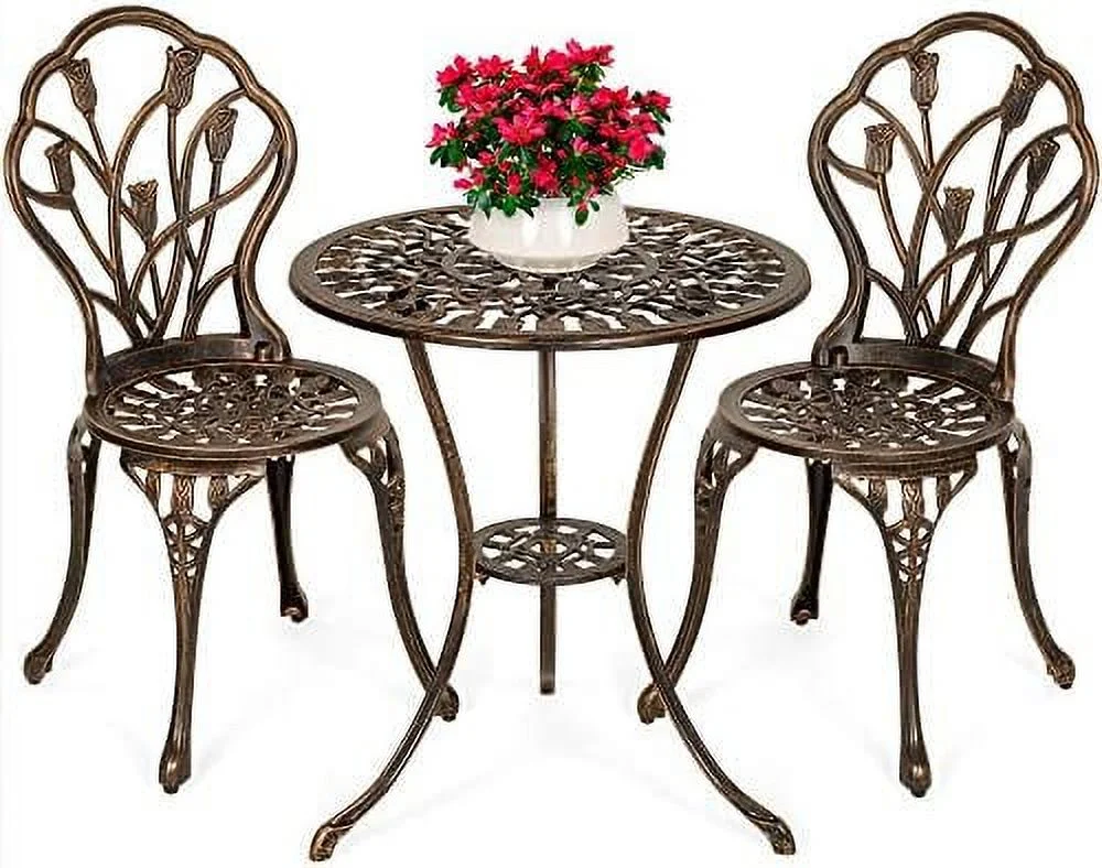 ZWNLKQG 3-Piece Outdoor Rust-Resistant Cast Aluminum Patio  w/Tulip Design  Antique Finish - Copper
