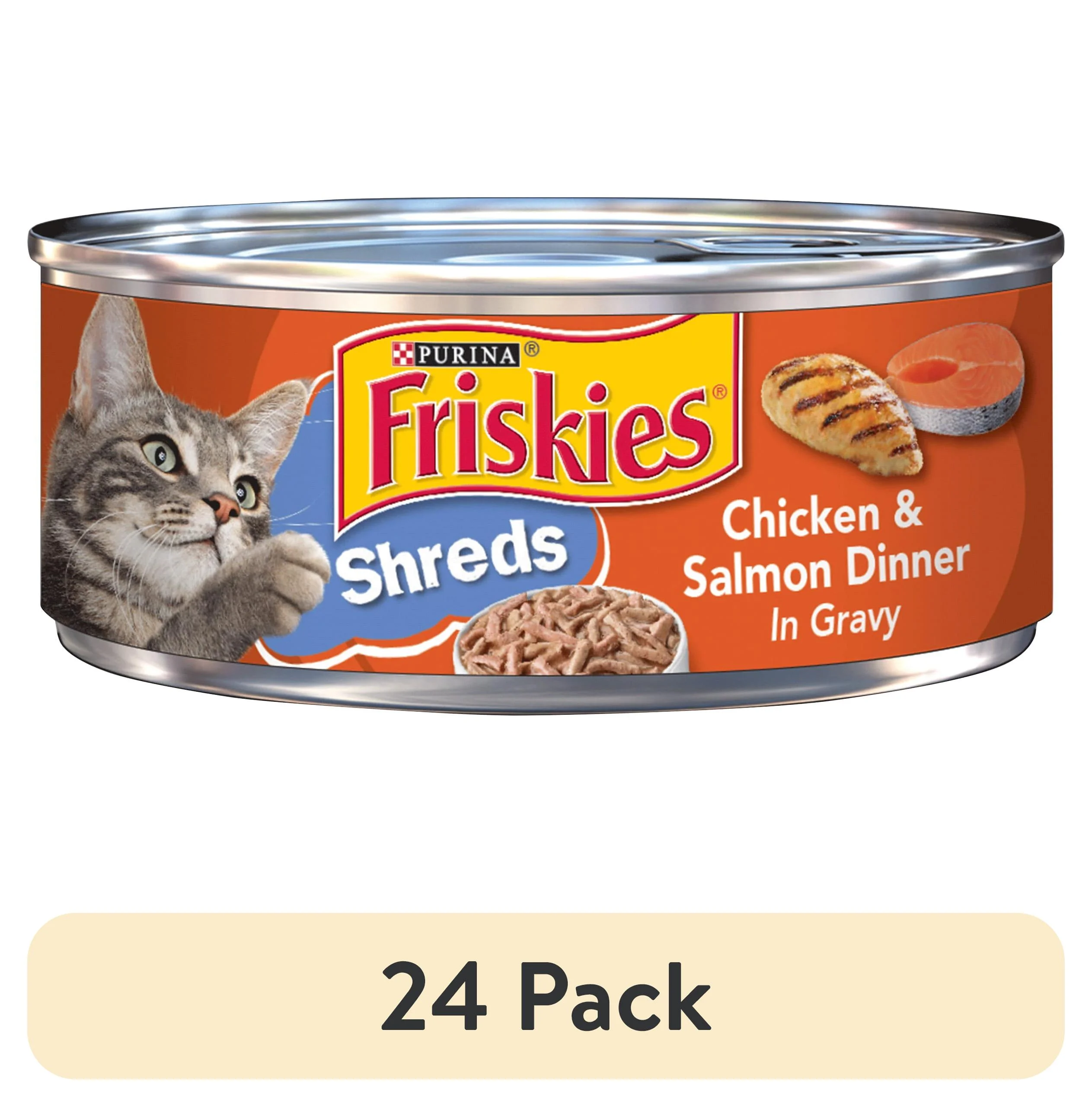 (24 pack) Purina Friskies Shreds Gravy Wet Cat Food, Soft Chicken & Salmon, 5.5 oz Can