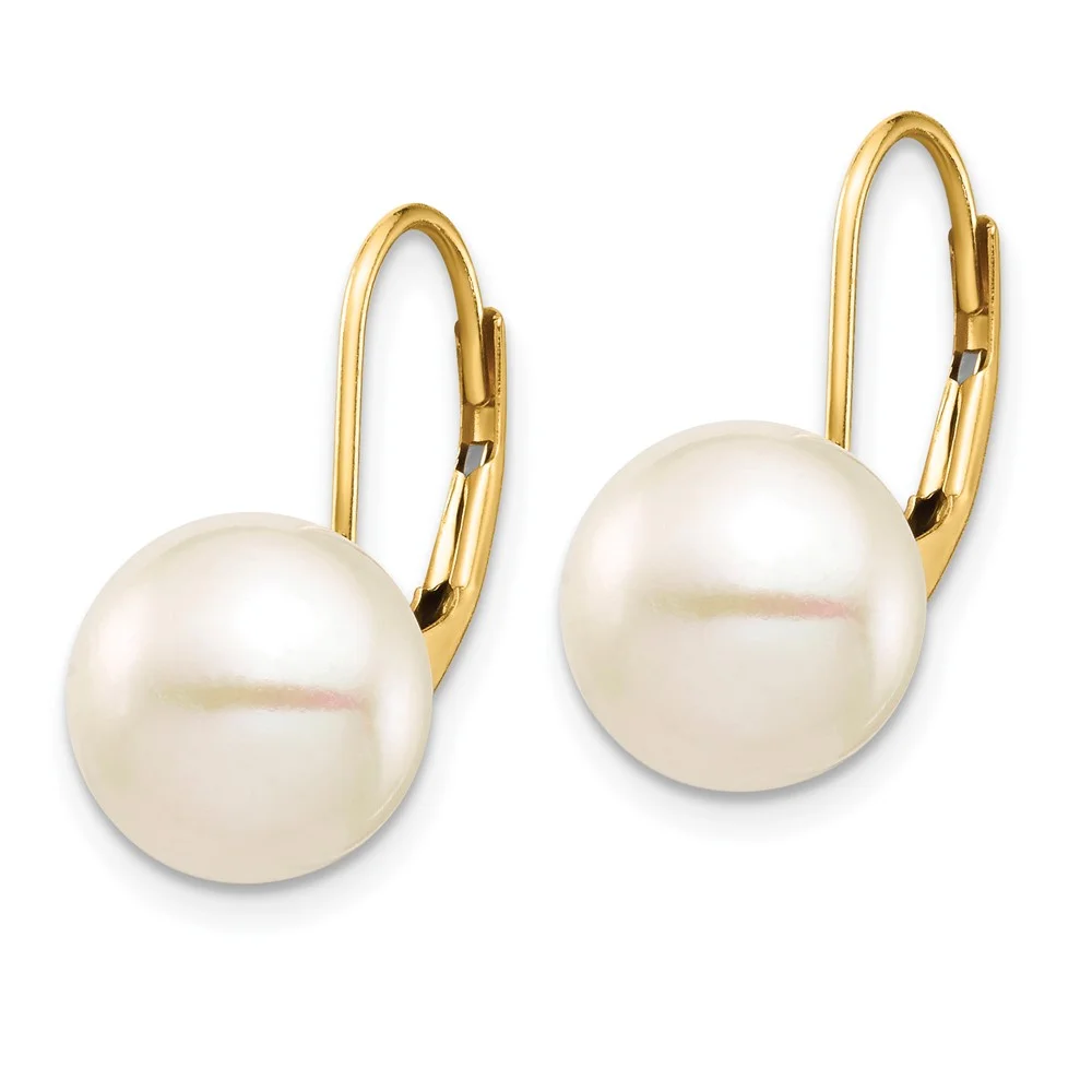 14K 9-10mm White Button Freshwater Cultured Pearl Leverback Earrings QXF716E