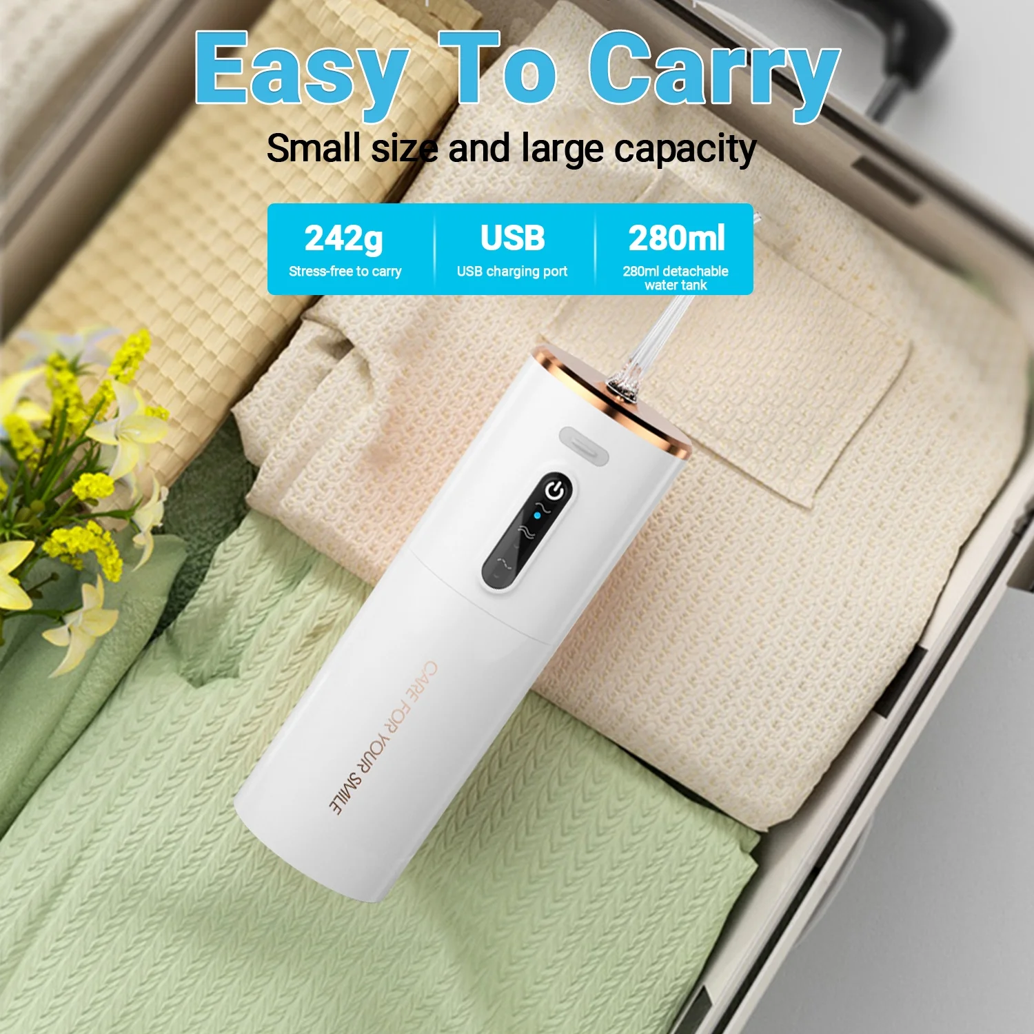 TINANA Water Dental Flosser: Portable Cordless Electric Water Flosser with 5 Jet Tips, 3 Modes Rechargeable Oral Irrigator with 280ml Water Tank, IPX7 Waterproof for Teeth Cleaning-All White