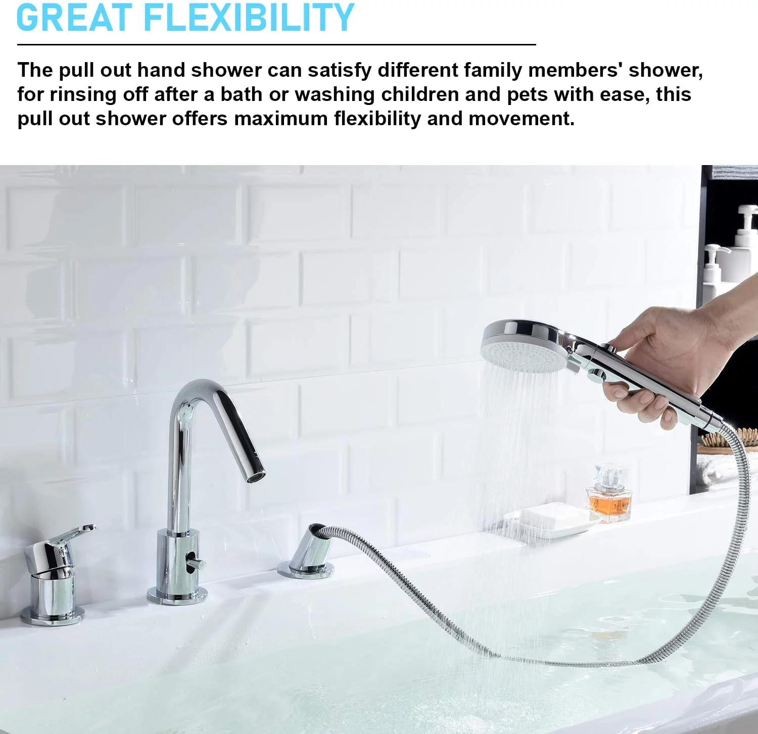 HAOFEI Roman Tub Faucet, Tub Faucet Chrome Bathtub Bath Faucet Set 3-Hole with Hand Shower Tub Spout Diverter Deck-Mount Pull Out Bathroom Tub Faucet