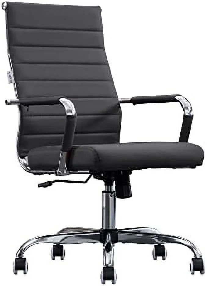 TJUNBOLIFE Home Office Chair Ribbed  Modern Leather Conference Room Chairs  Ergonomic Office Desk Chair  High Back Executive Computer Chair  Adjustable Swivel Chair with Arms (Black)