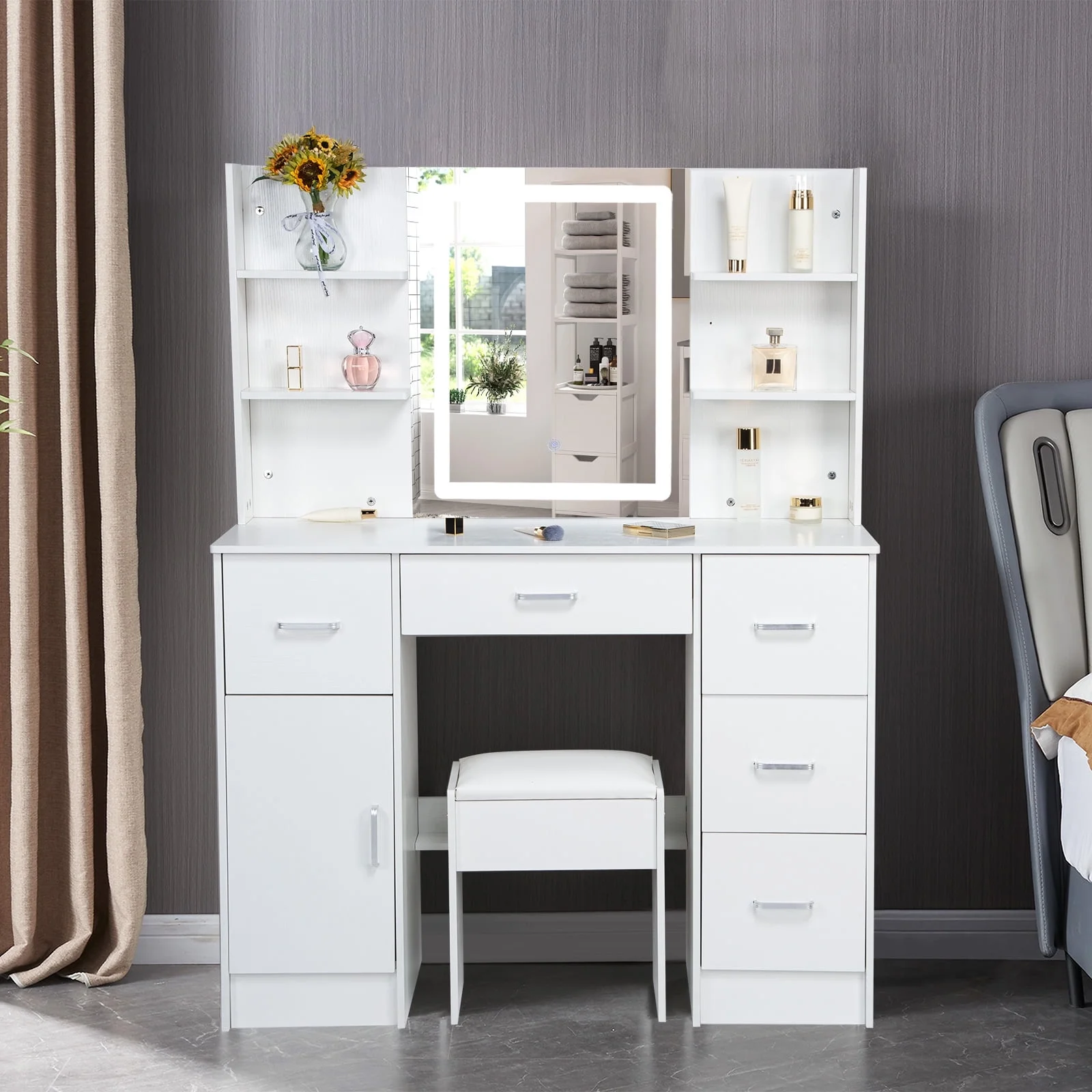 Jarbalai Makeup Vanity Desk with Led Lighted Mirror, Modern Vanity Table w/ 5 Drawers & Cabinet, Stool, White