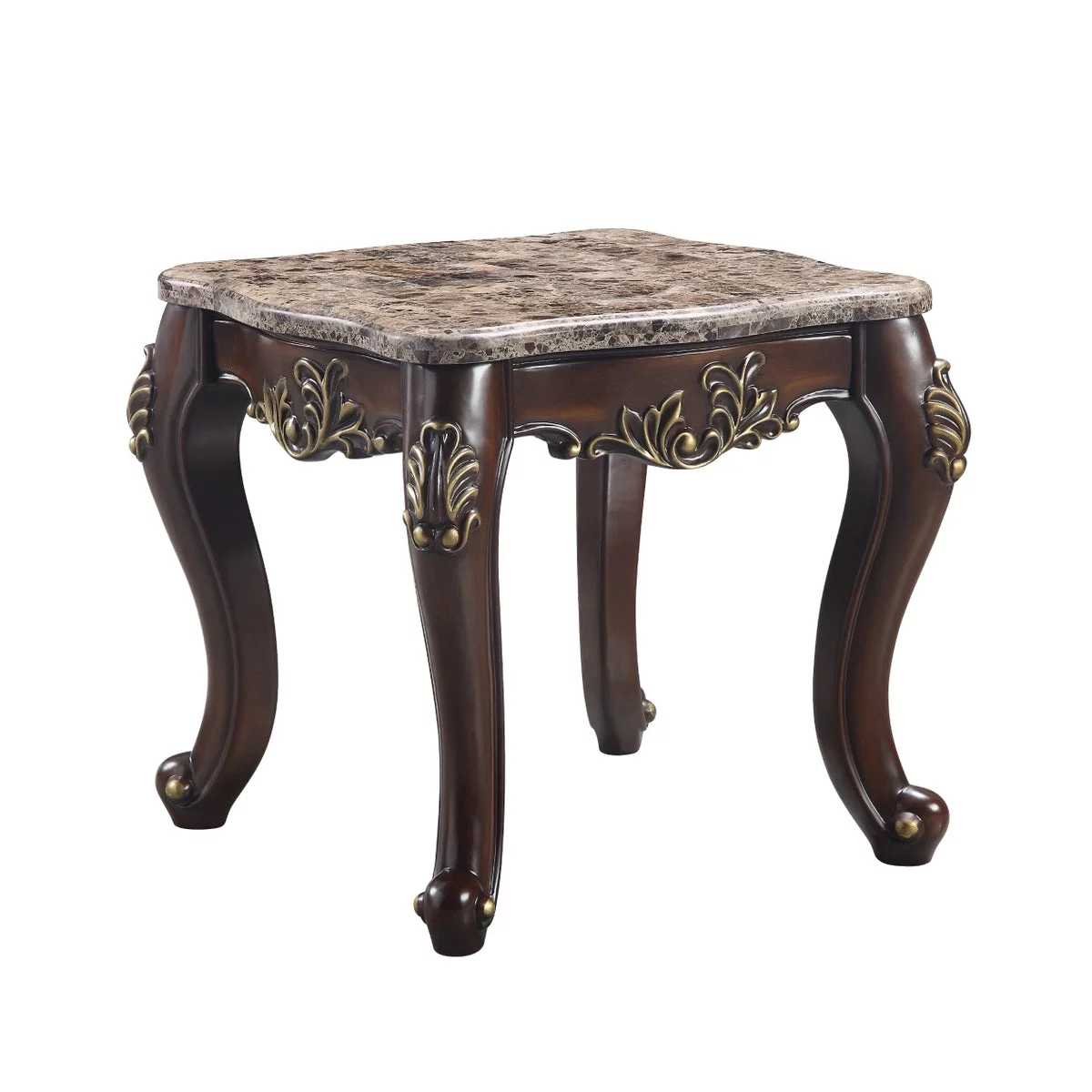 Kha 27 Inch Marble Top End Table with Cabriole Legs Gold Cherry Brown - Saltoro Sherpi