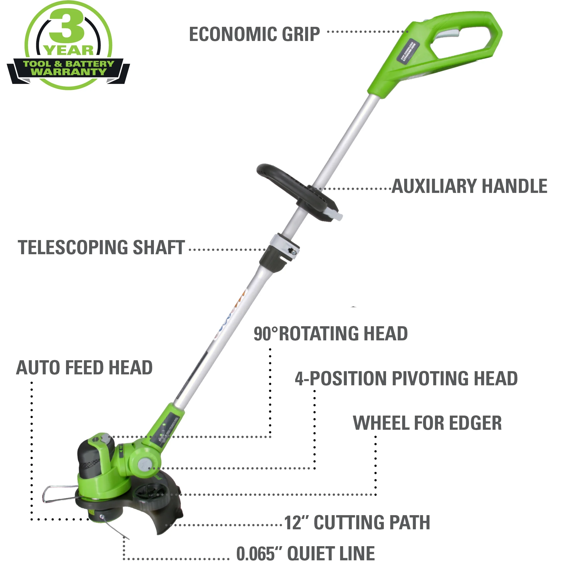 Greenworks 24V 12 inch Cordless String Trimmer/Edger with 2.0 Ah Battery and Charger, ST24B210