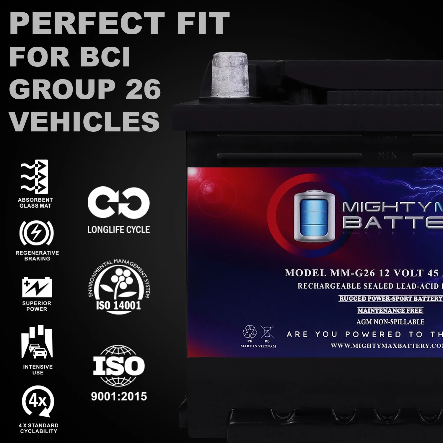 MM-G26 Group 26 12V 45AH 80RC 540CCA Replacement Battery Compatible with 26RS ACDelco