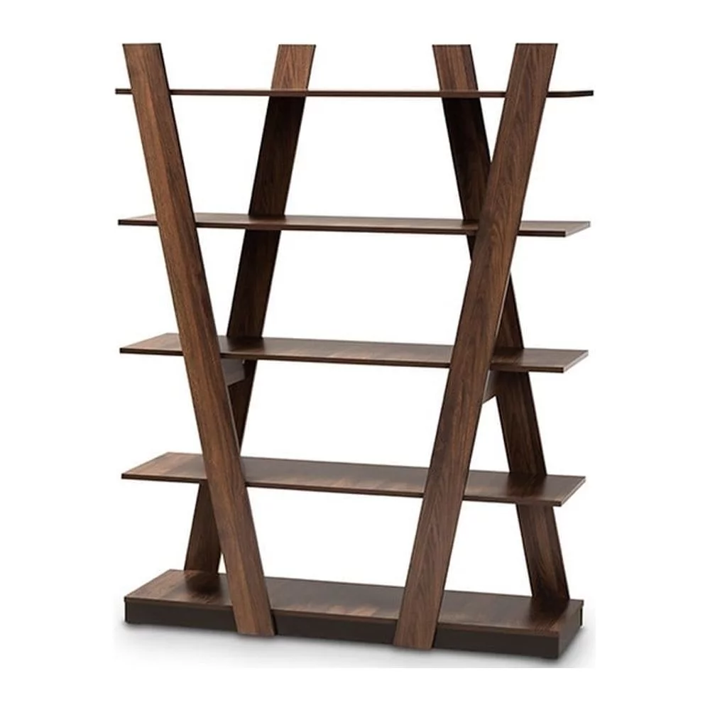 Michio Modern and Contemporary Walnut Brown Finished 5-Tier Wood Geometric Living Room Display Shelf