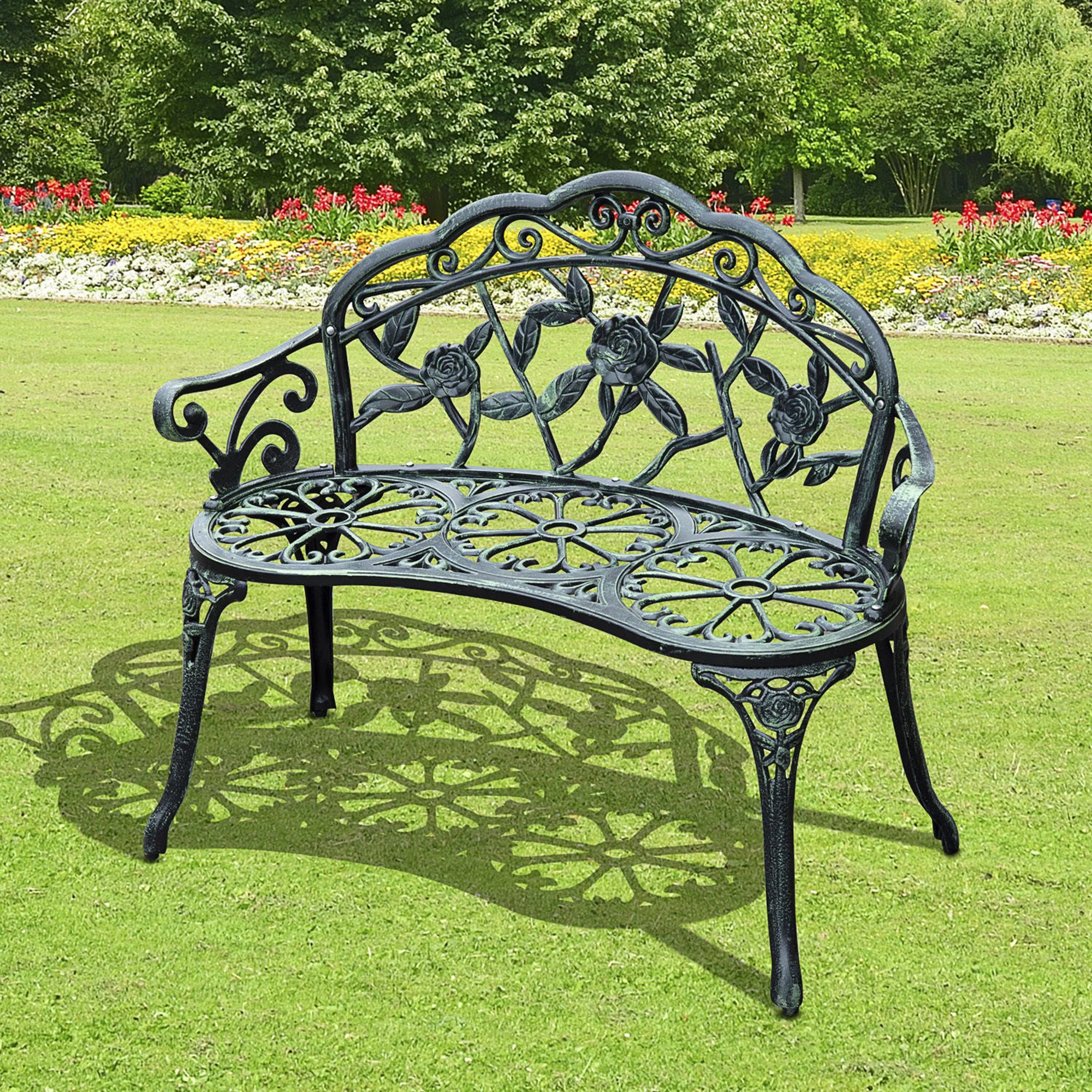 CoSoTower Outdoor Bench, Cast Aluminum Outdoor Furniture, Metal Bench with Floral Rose Accent & Antique Finish, Green