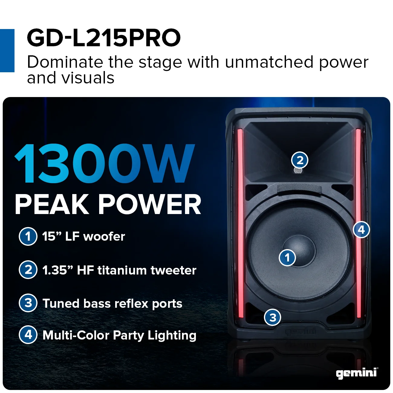Gemini Sound GD-L215PRO - 1300W Bluetooth PA Speaker with LED Party Lights & 3-Channel Mixer - High-Power 15-Inch Woofer for DJs, Parties, Outdoor Events - User-Friendly Design for Enthusiasts
