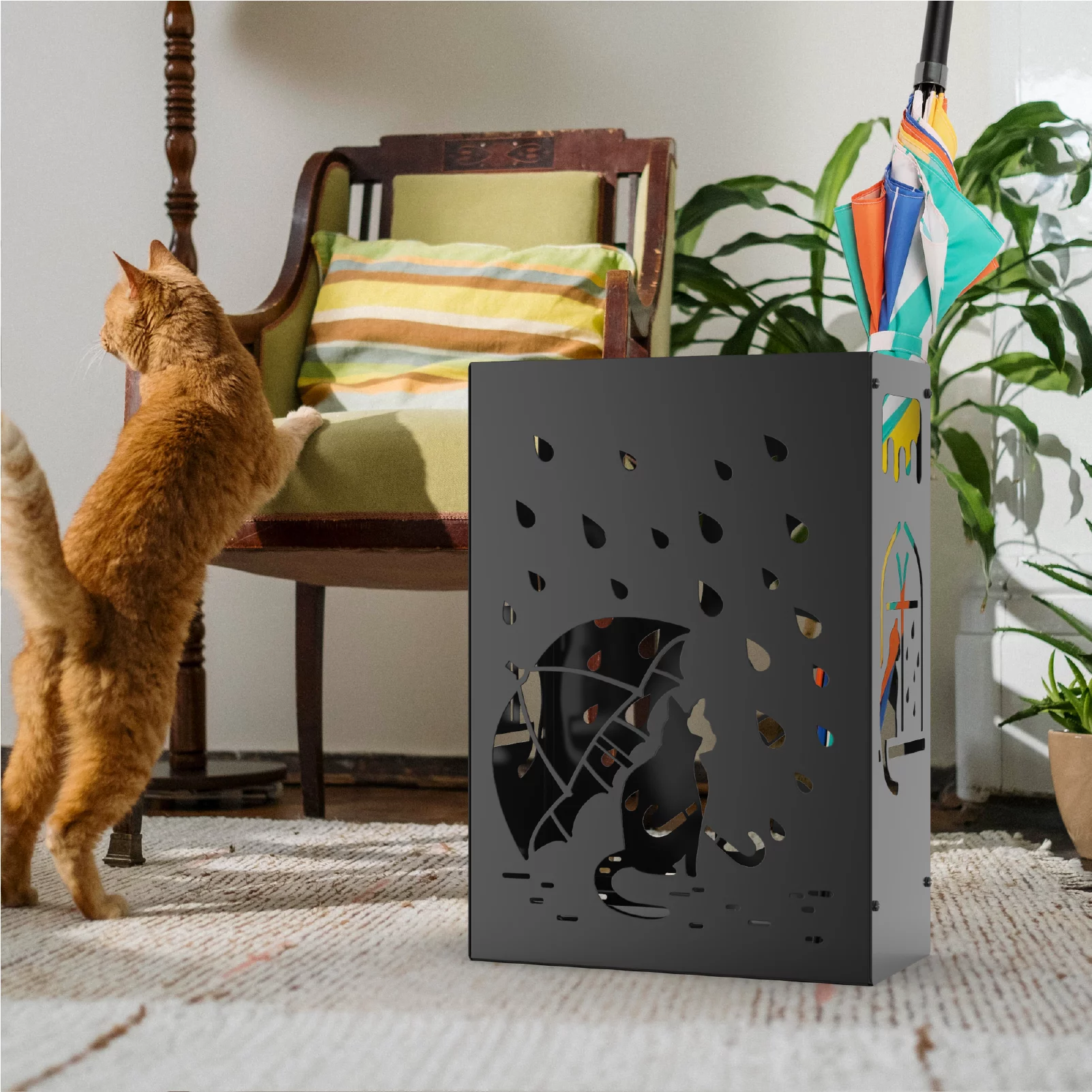 Mango Steam Rectangle Umbrella Rack, Raining Cats for Corner (Black, Powder Coated)