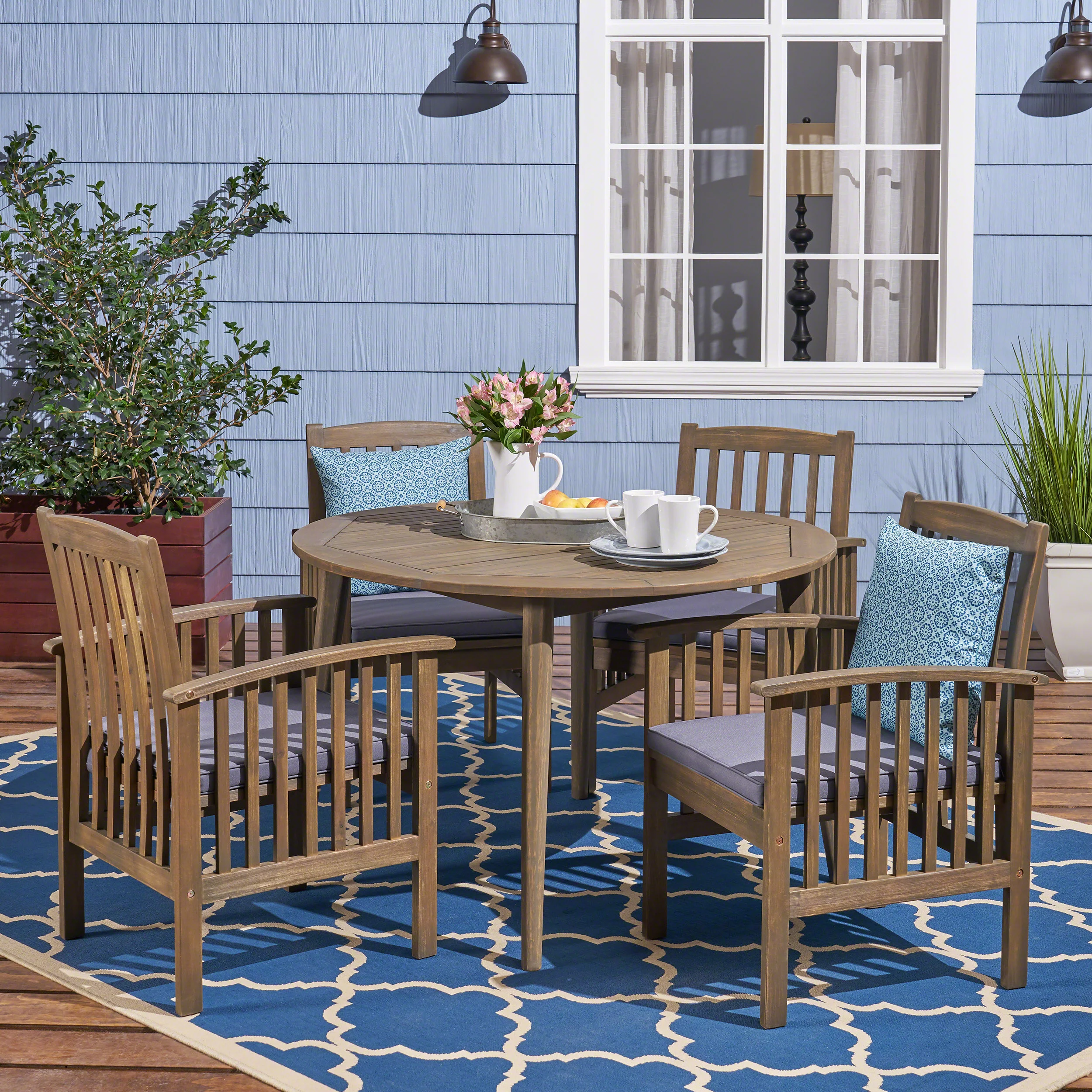 GDF Studio Maura Outdoor Acacia Wood 5 Piece Dining Set with Cushion, Gray and Dark Gray