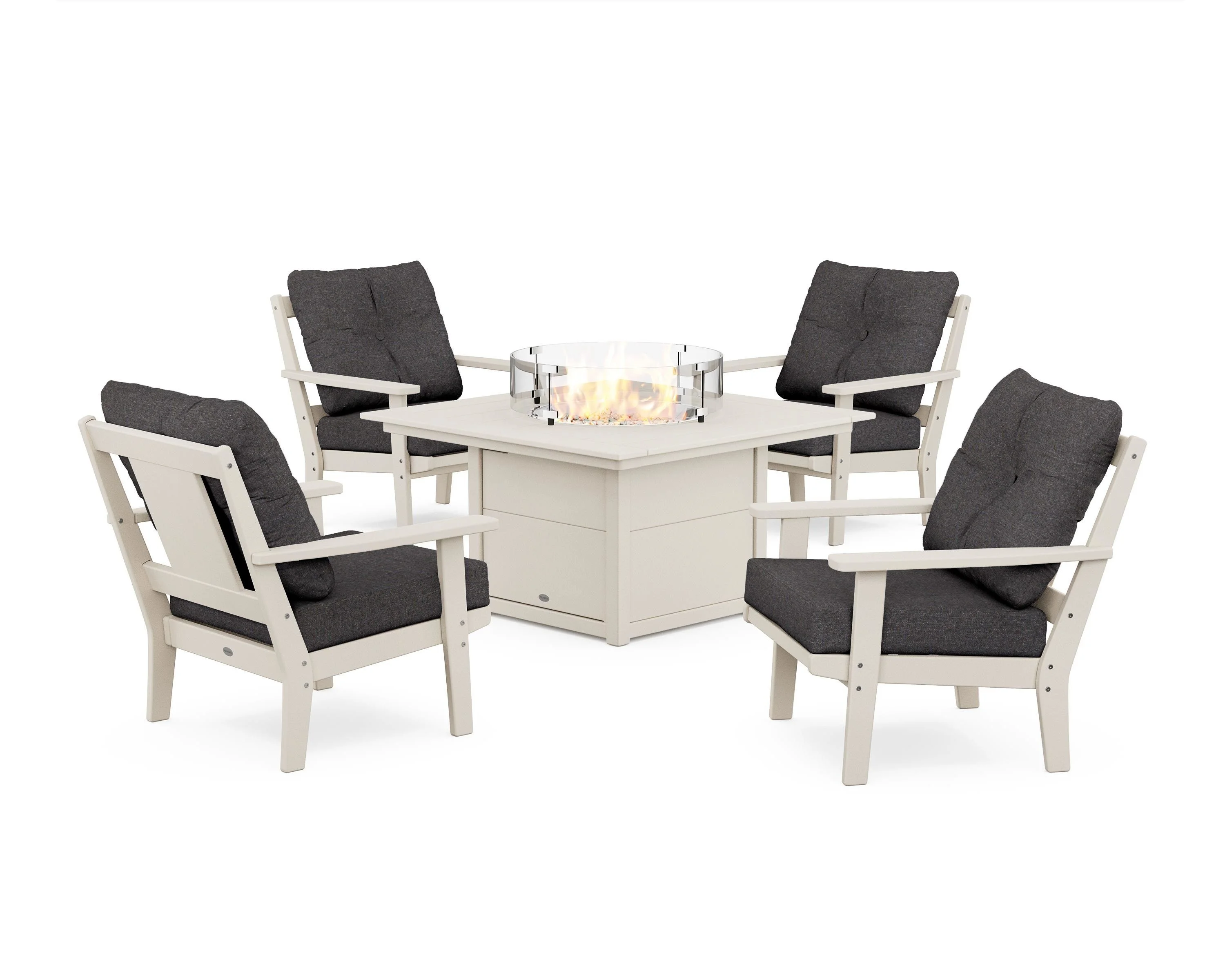 POLYWOOD® Prairie 5-Piece Deep Seating Set with Fire Pit Table in Sand / Ash Charcoal
