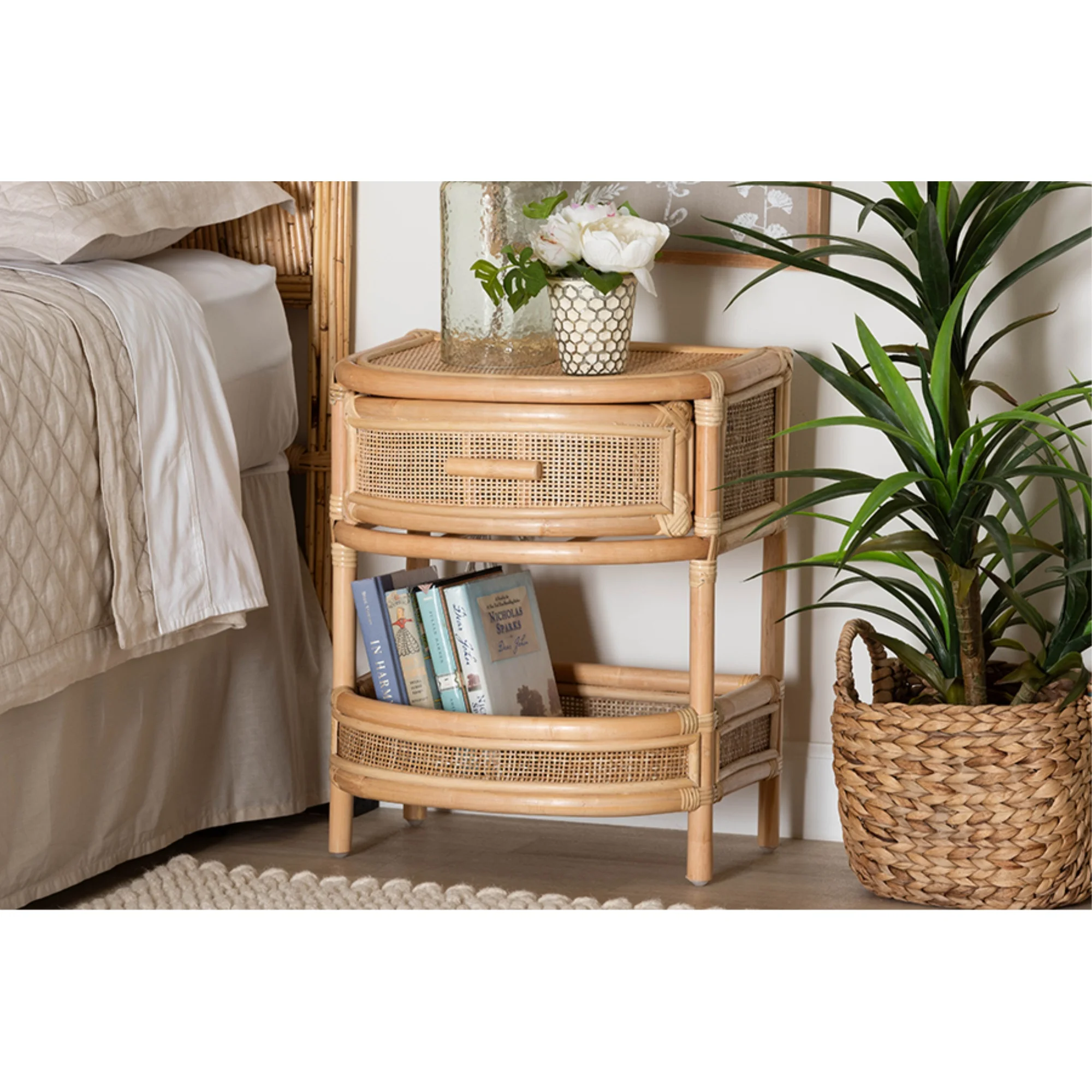 bali & pari Divitia Bohemian Natural Rattan 1-Drawer Nightstand